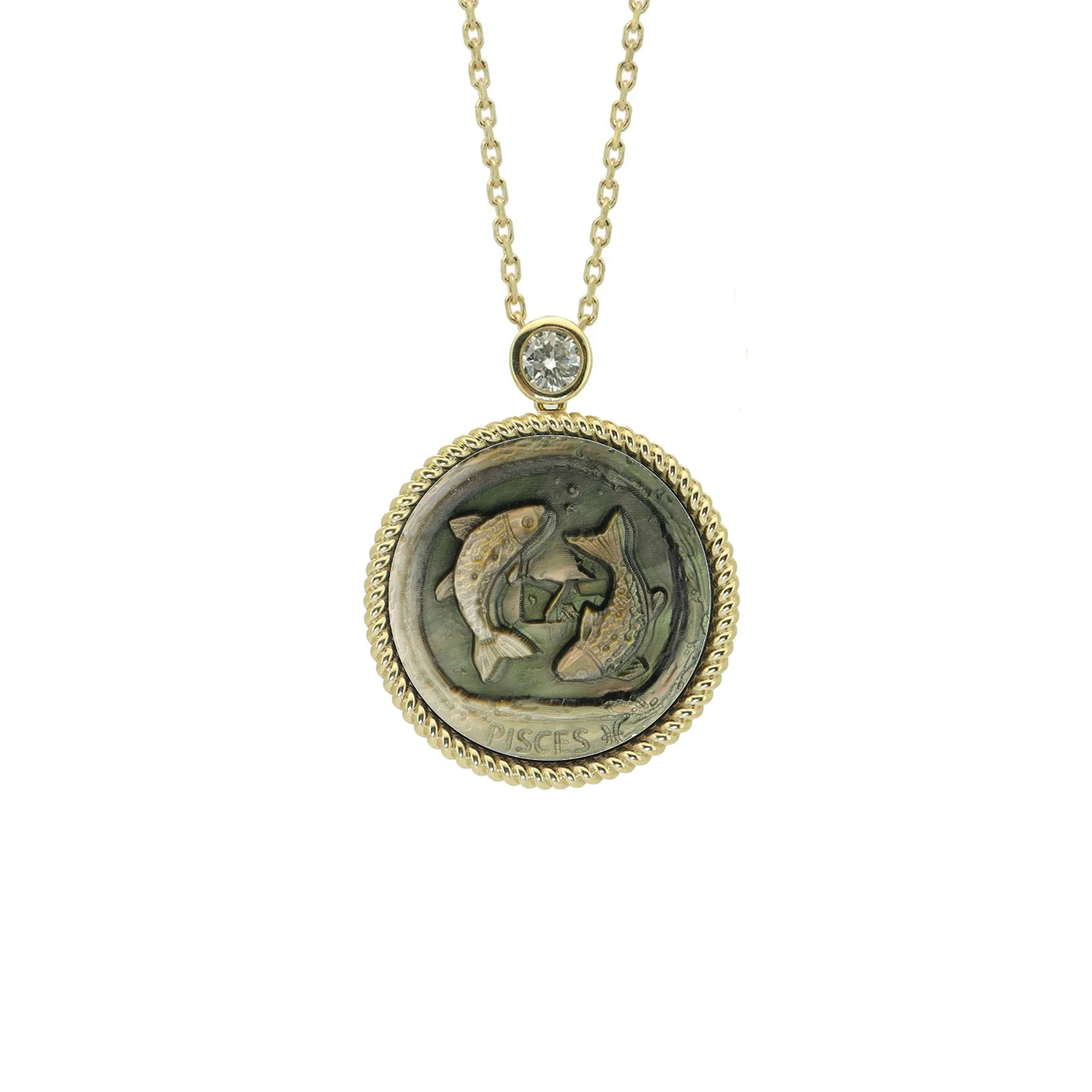 Dreamlike Pisces zodiac necklace featuring abstract artistic carving on iridescent natural mother-of-pearl pendant by OceanCarvingLab.
