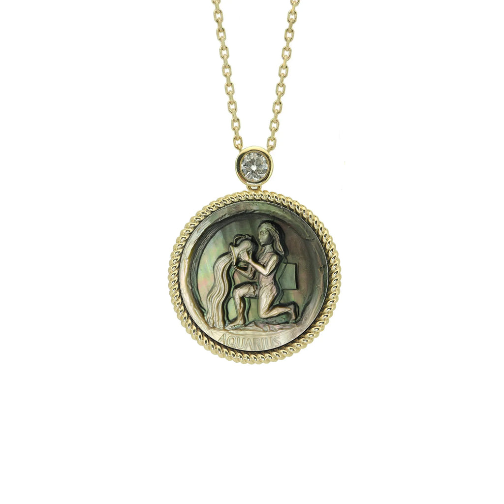 Avant-garde Aquarius zodiac necklace featuring geometric abstract mother-of-pearl carving and celestial artwork design by OceanCarvingLab.