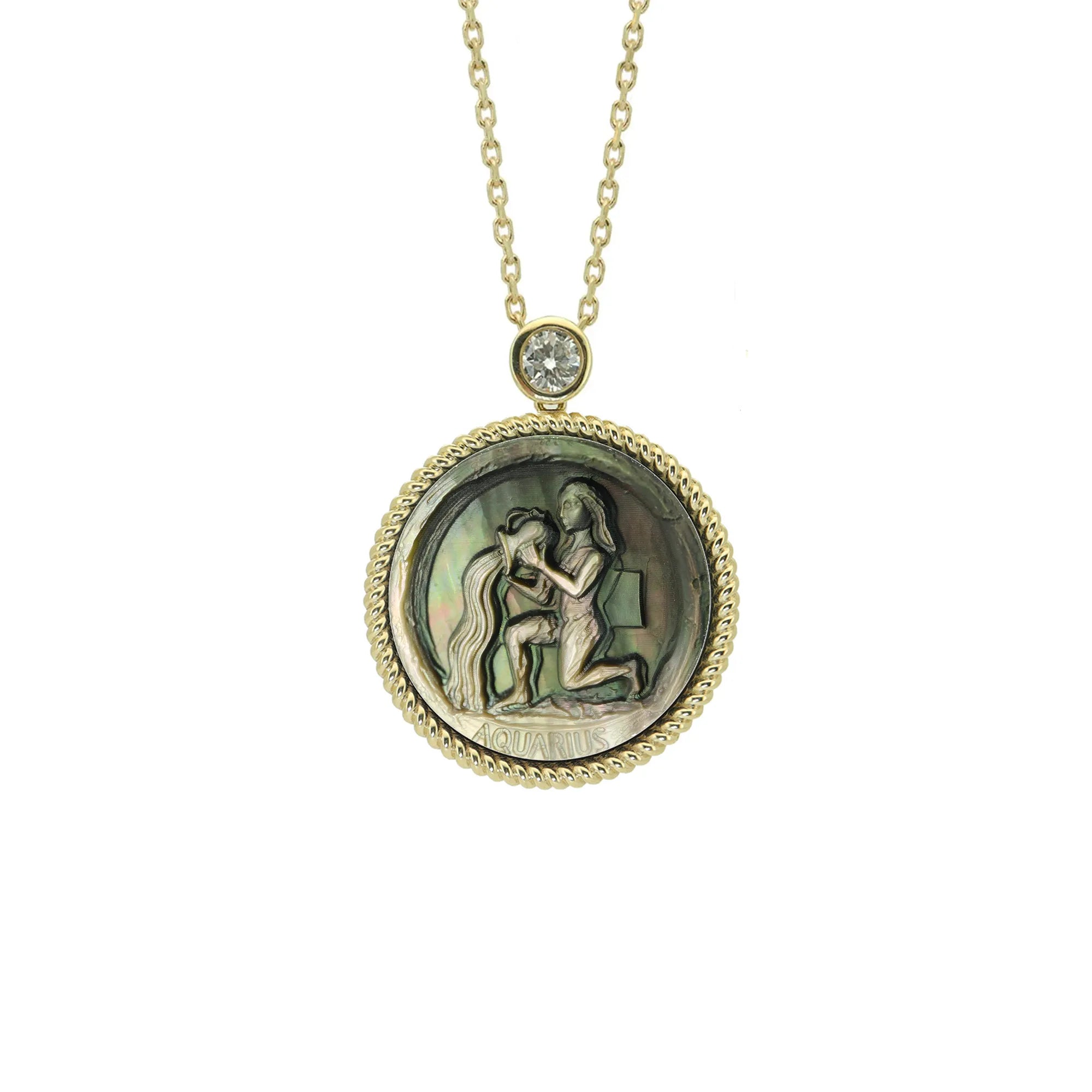 Avant-garde Aquarius zodiac necklace featuring geometric abstract mother-of-pearl carving and celestial artwork design by OceanCarvingLab.