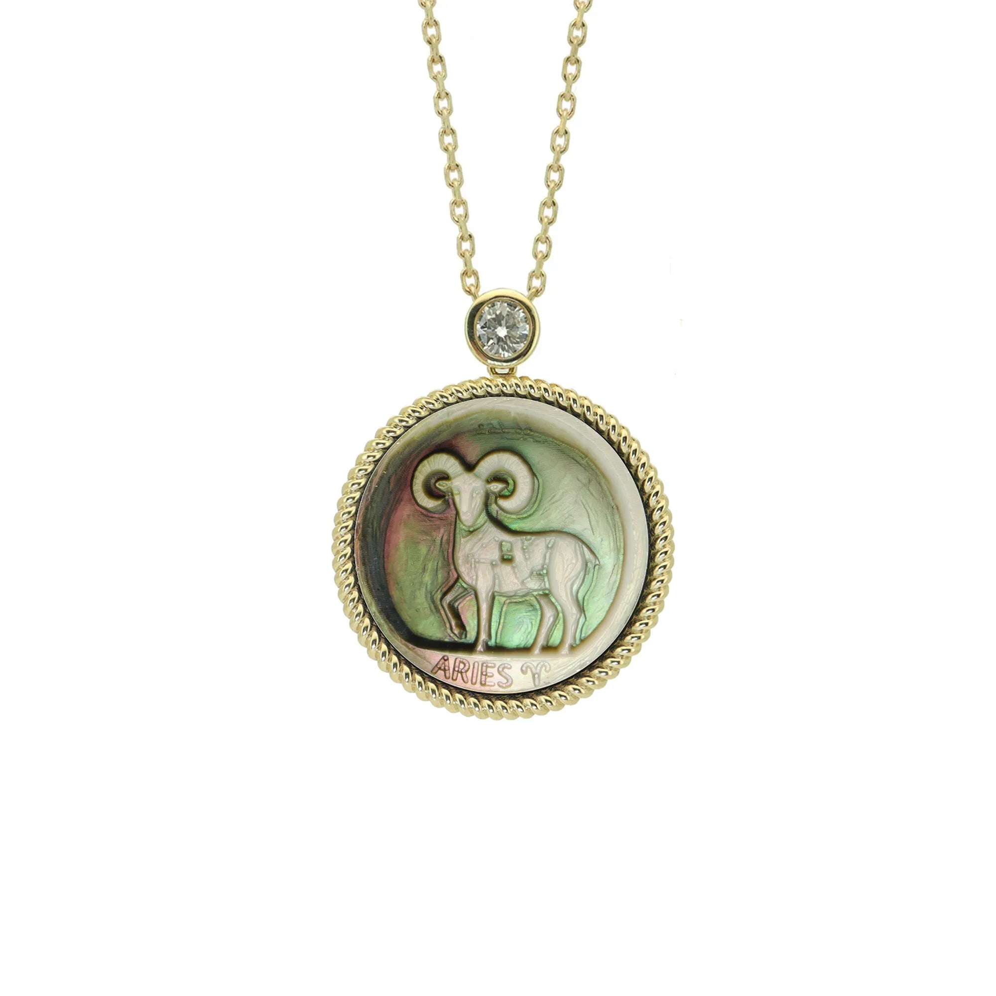 Abstract Picasso-style Aries zodiac necklace featuring black and white natural mother-of-pearl relief carving with 925 sterling silver gold plated pendant by OceanCarvingLab.