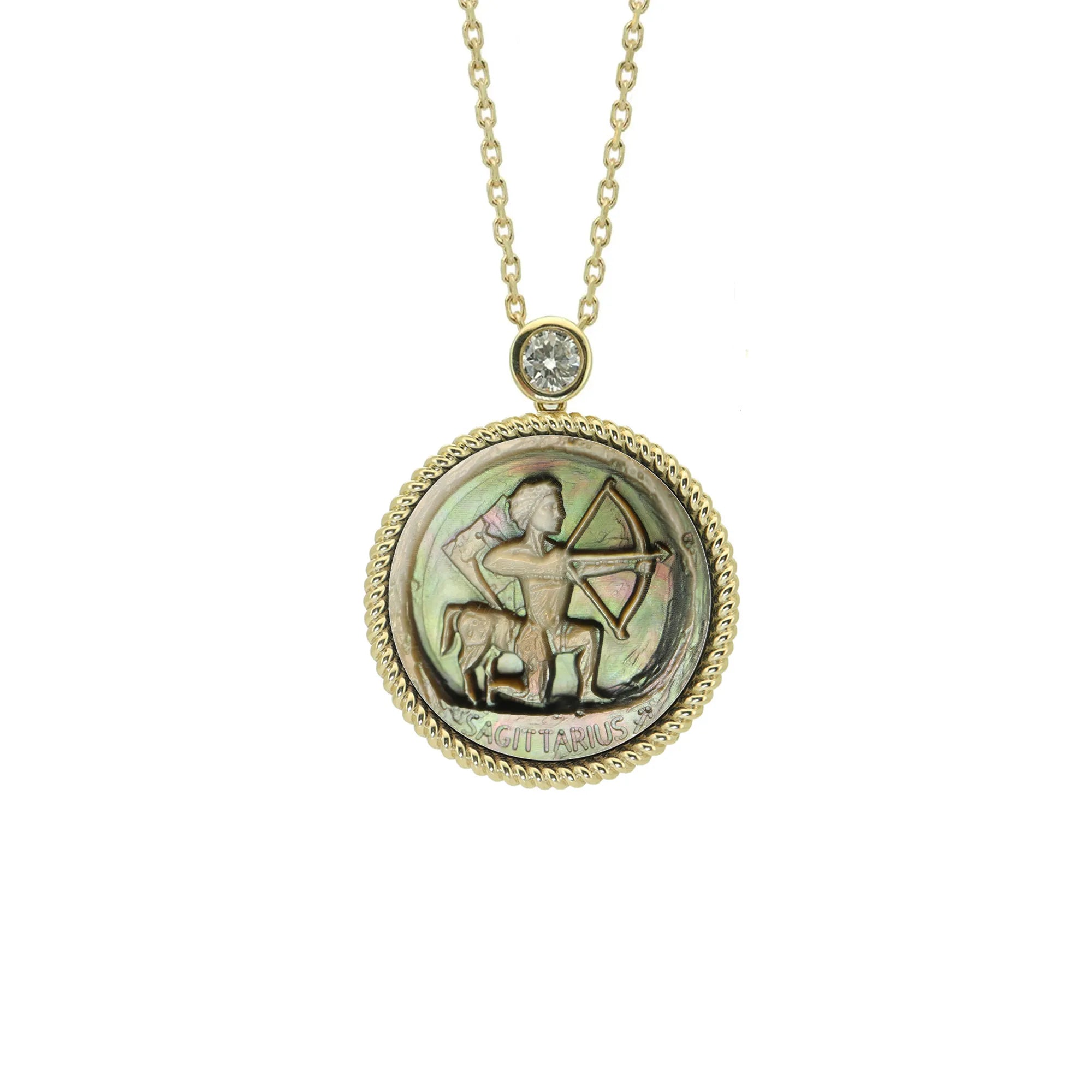 Abstract Sagittarius zodiac pendant necklace featuring artistic constellation relief carving on natural mother-of-pearl shell by OceanCarvingLab.