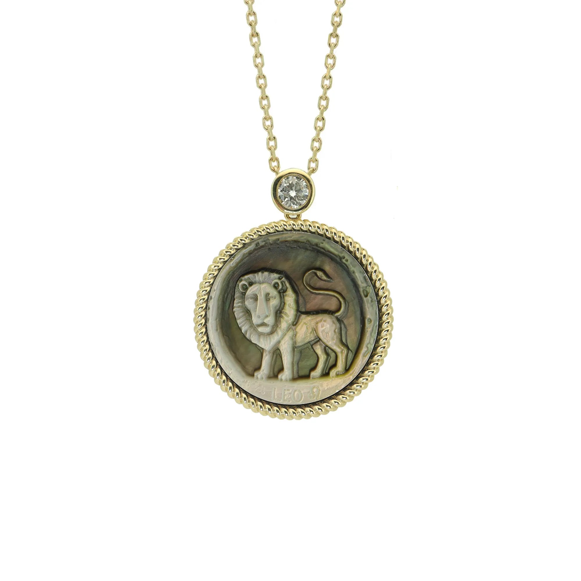 Modernist Leo zodiac pendant necklace with expressive abstract lines carved into natural mother-of-pearl shell by OceanCarvingLab.
