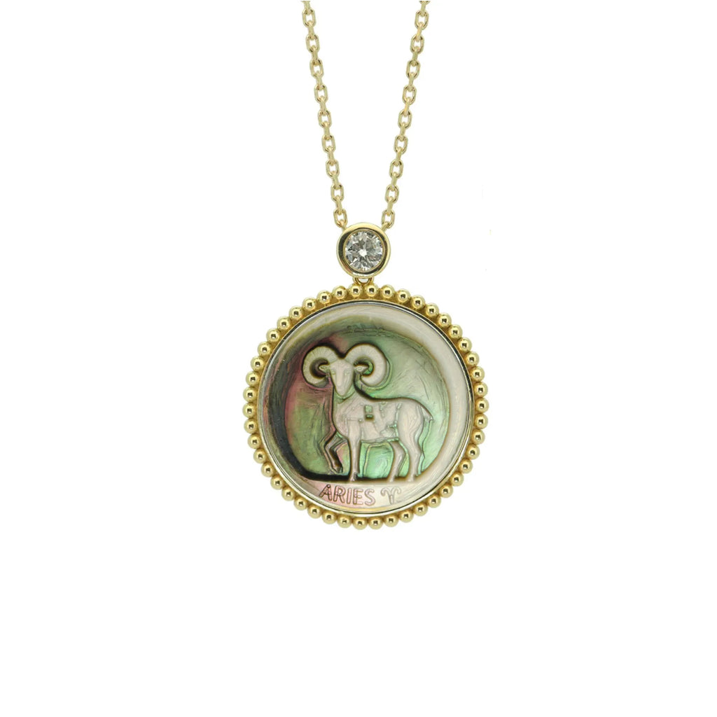 Avant-Garde Abstract Mother-of-Pearl Zodiac Necklace — Beaded Edge — Choose Your Sign