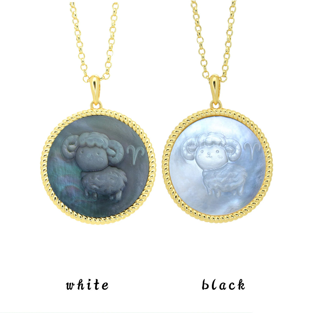 Two Aries zodiac necklaces featuring black and white mother-of-pearl inlays with kawaii pixel carving texture on white background by OceanCarvingLab.