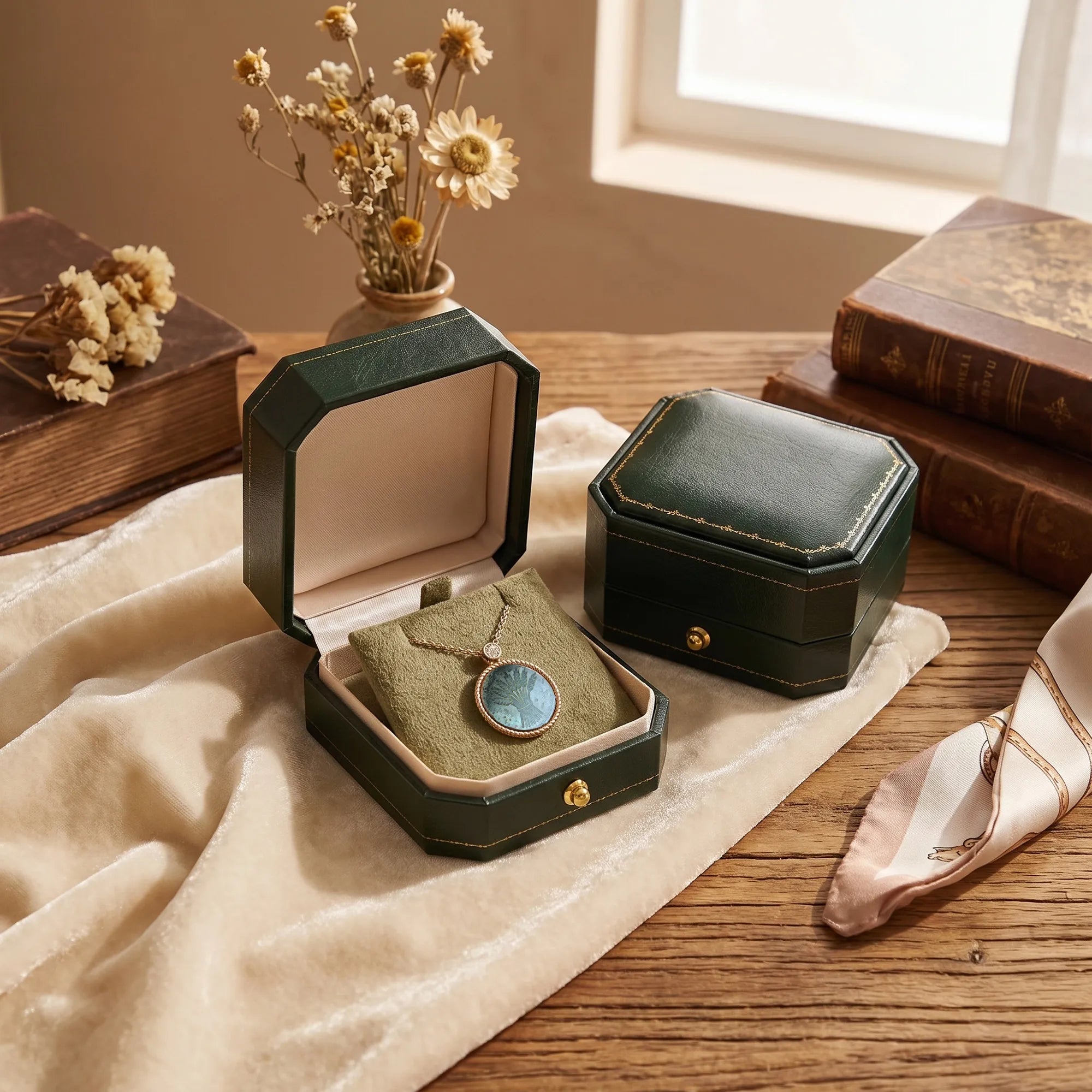 White drawer-style gift box with black cushion and matching bag, containing a mother-of-pearl zodiac pendant necklace by Celestial Creations.