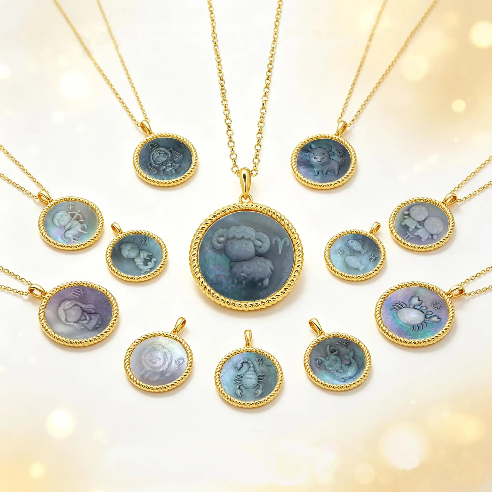 Kawaii pixel-textured zodiac pendant necklace collection featuring all 12 zodiac signs with iridescent mother-of-pearl inlays by OceanCarvingLab.
