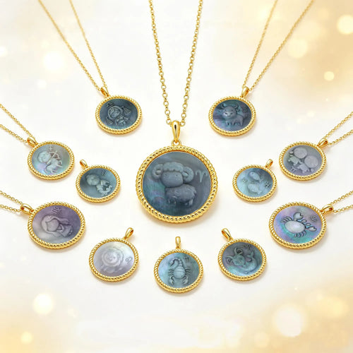 Kawaii pixel-textured zodiac pendant necklace collection featuring all 12 zodiac signs with iridescent mother-of-pearl inlays by OceanCarvingLab.