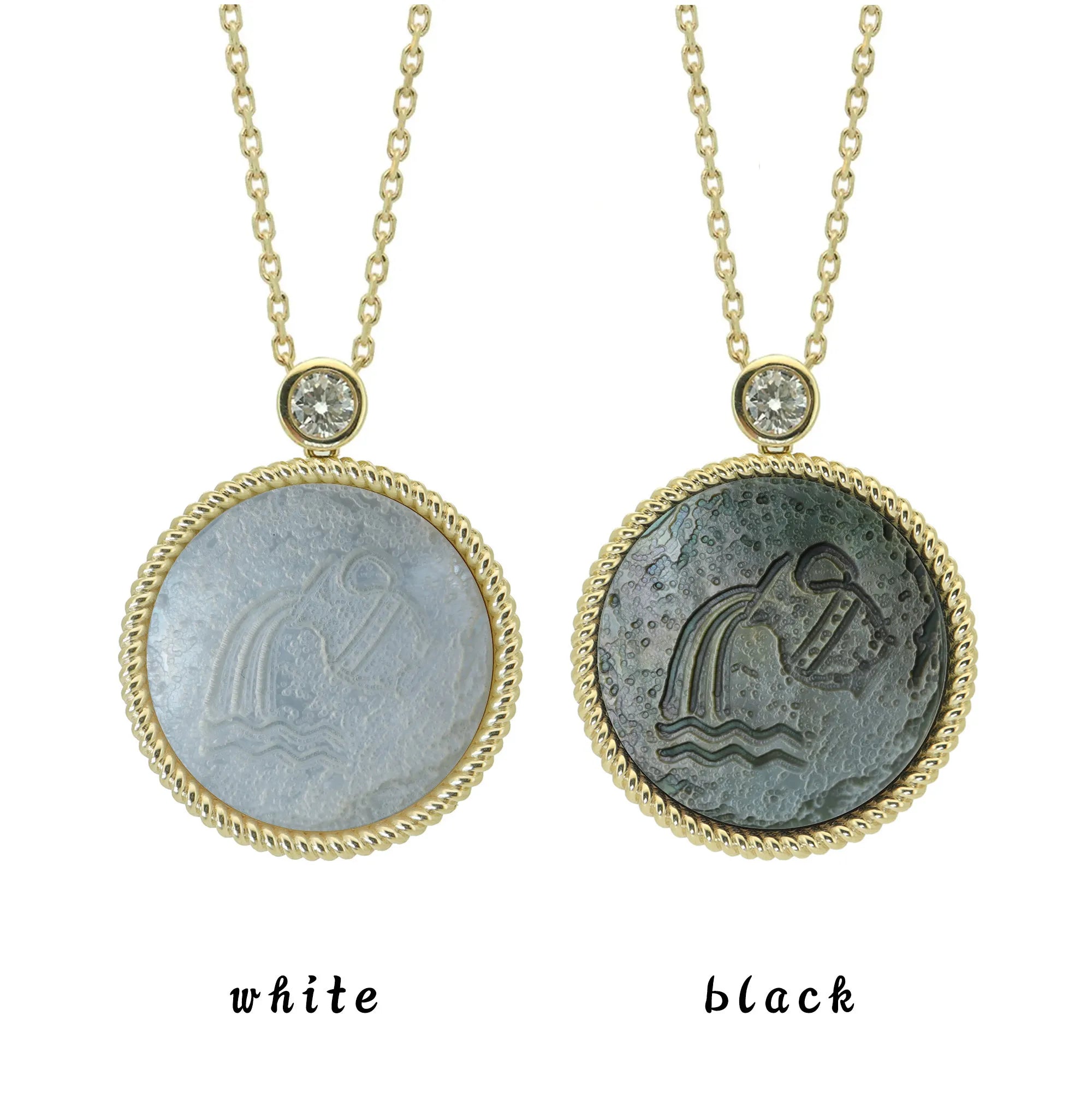 Two Aquarius zodiac pendant necklaces with carved black and white mother-of-pearl inlay on white background by Celestial Creations.