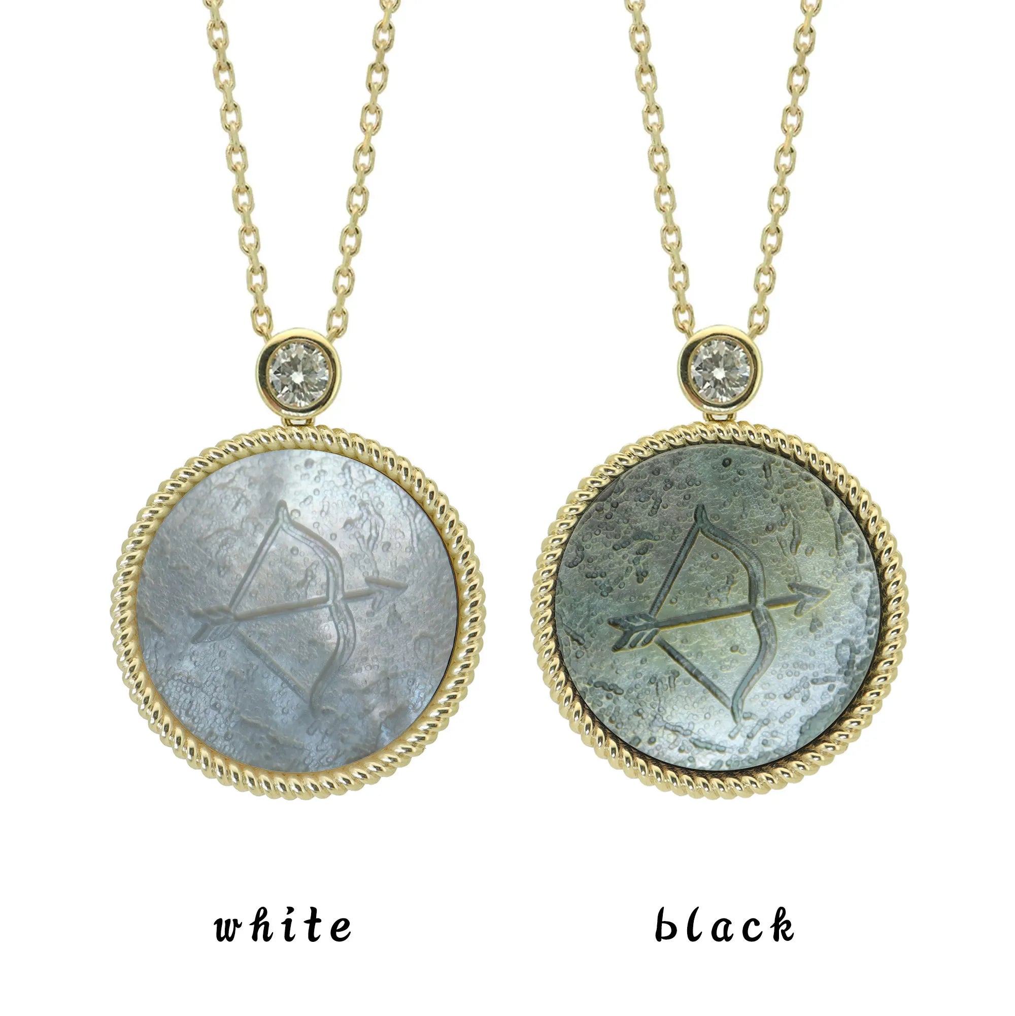 Two Sagittarius zodiac pendant necklaces with carved black and white mother-of-pearl inlay on white background by Celestial Creations.