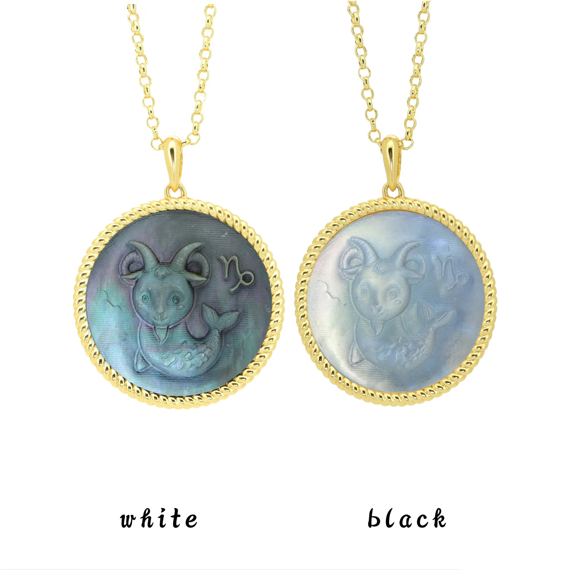 Capricorn zodiac necklace featuring cute pixel-textured mother-of-pearl pendant and gold-tone jewelry finish by OceanCarvingLab.