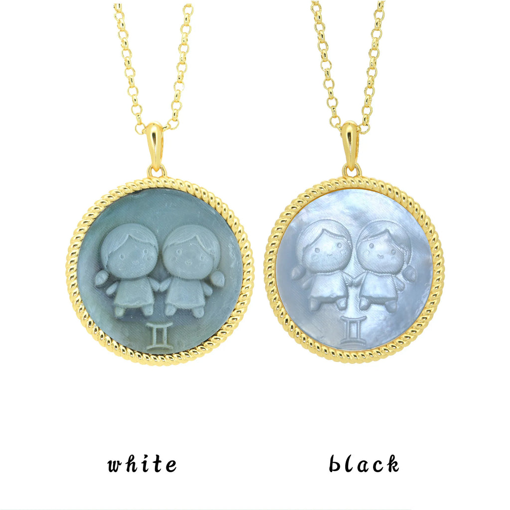 Gemini zodiac pendant necklace featuring playful kawaii carving texture and iridescent mother-of-pearl inlay by OceanCarvingLab.