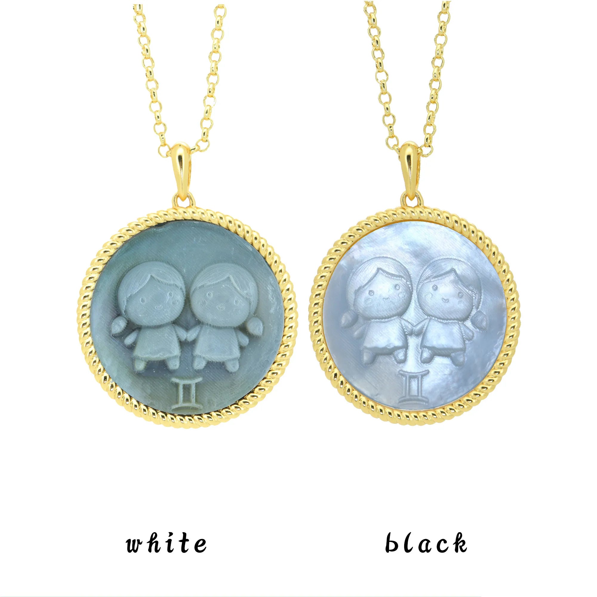 Gemini zodiac pendant necklace featuring playful kawaii carving texture and iridescent mother-of-pearl inlay by OceanCarvingLab.