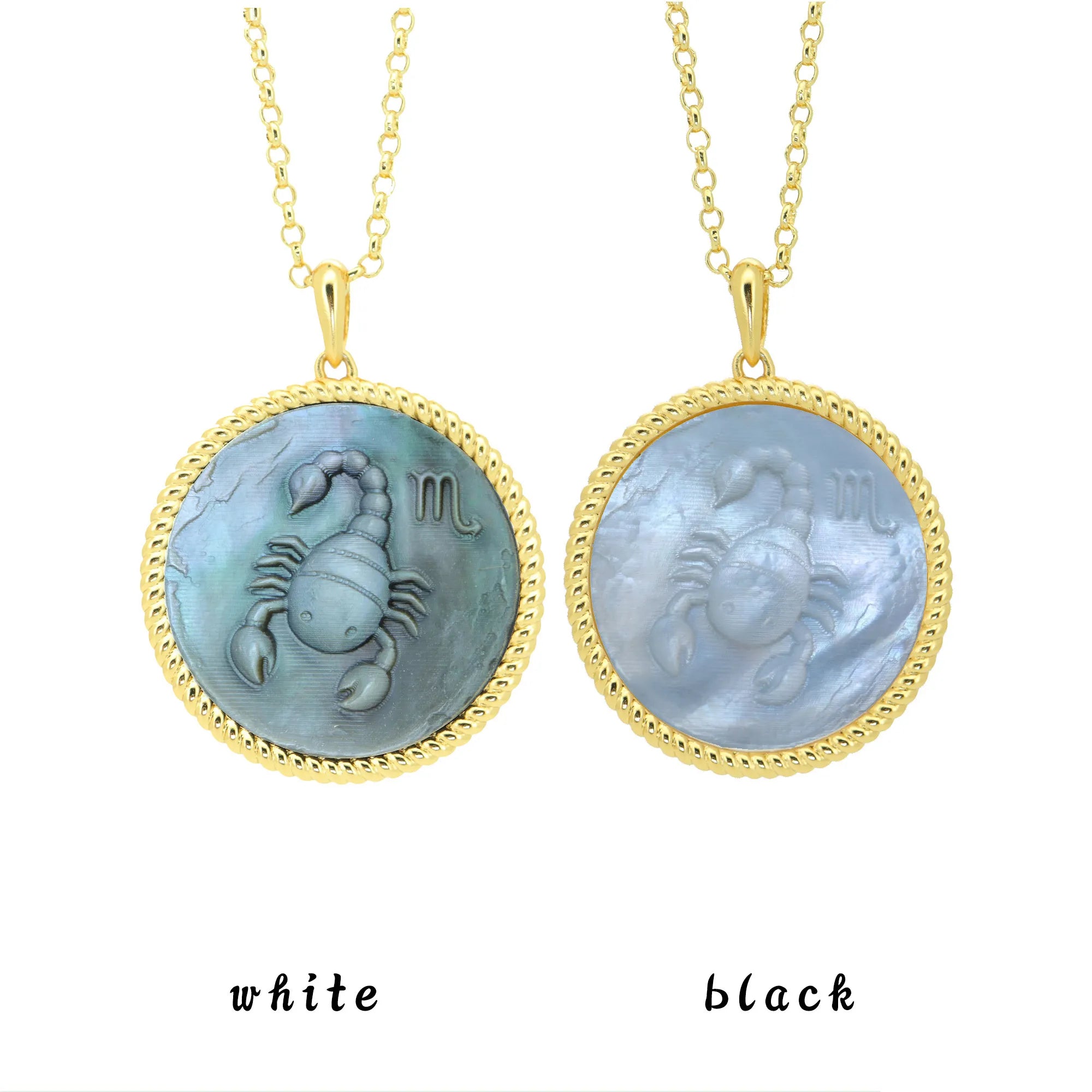 Scorpio zodiac necklace featuring dark shell inlay, gold-plated chain and kawaii pixel carving details by OceanCarvingLab.