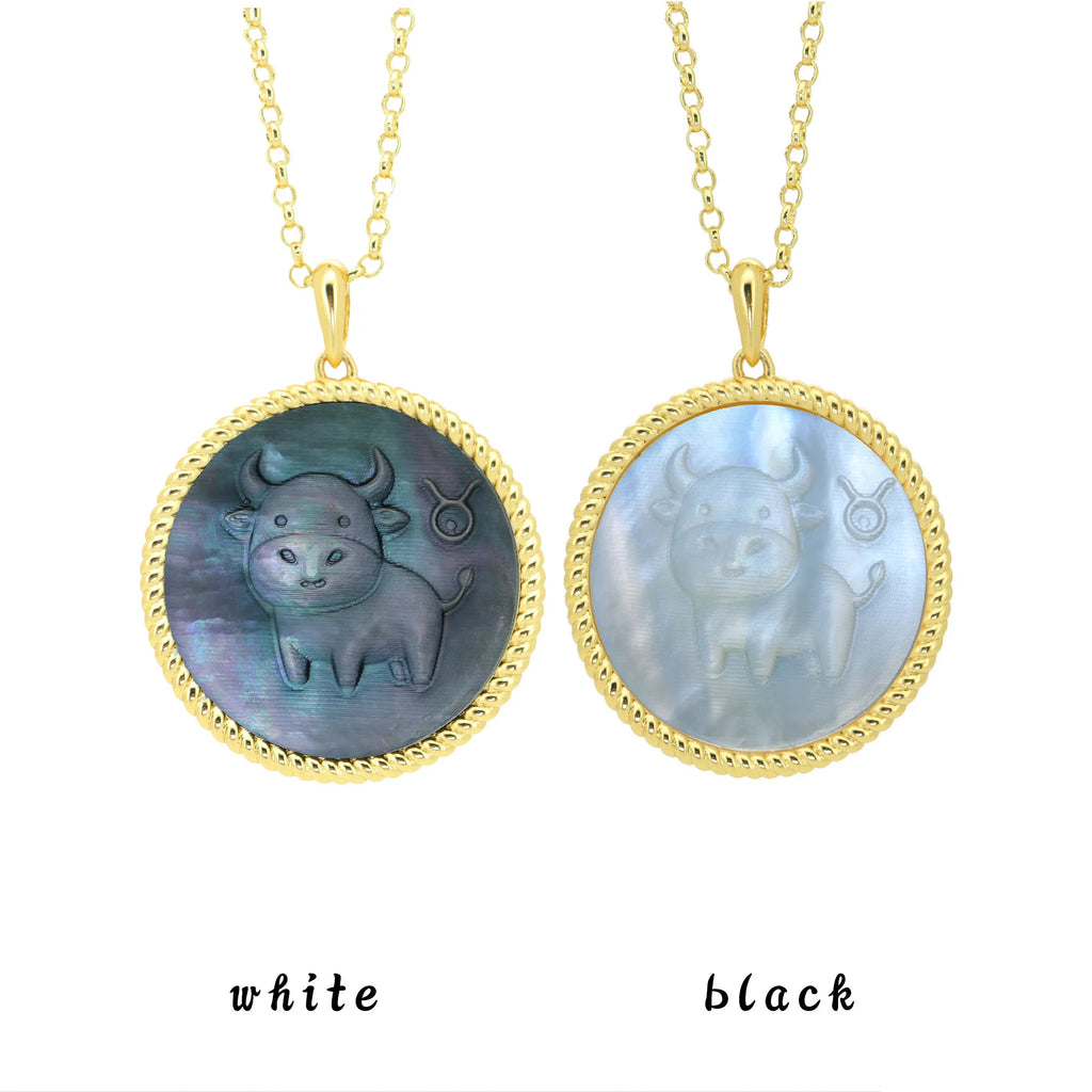 Taurus zodiac necklace with kawaii pixel-textured mother-of-pearl shell pendant in black and white variations by OceanCarvingLab.