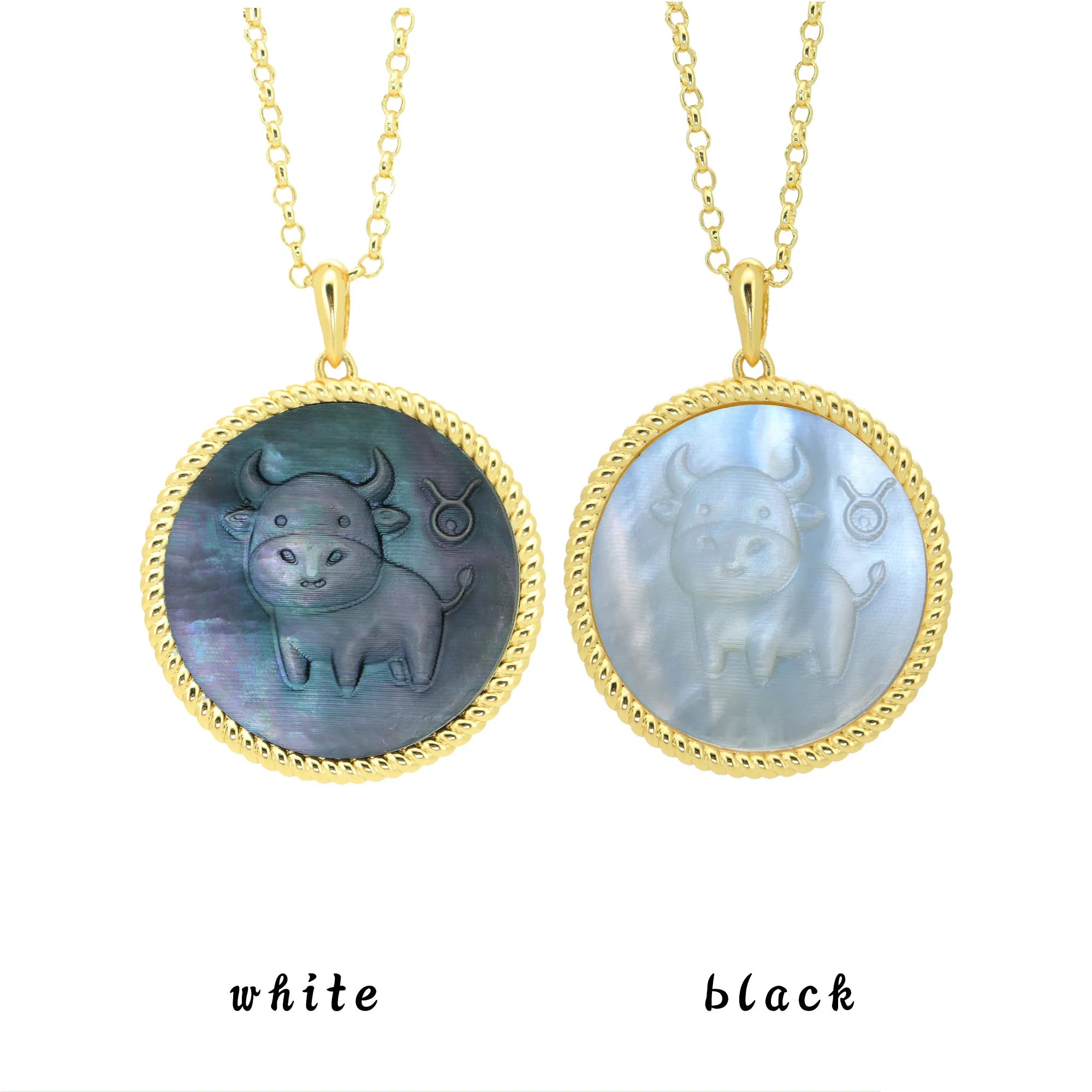 Taurus zodiac necklace with kawaii pixel-textured mother-of-pearl shell pendant in black and white variations by OceanCarvingLab.