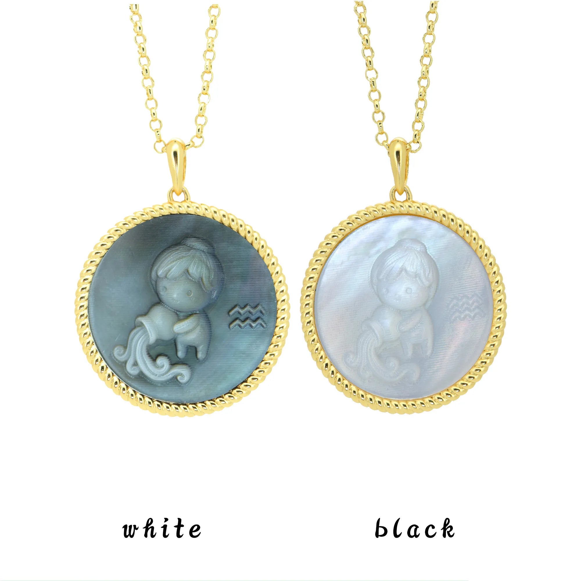 Aquarius zodiac pendant necklace with iridescent shell inlay and unique kawaii carving texture by OceanCarvingLab.