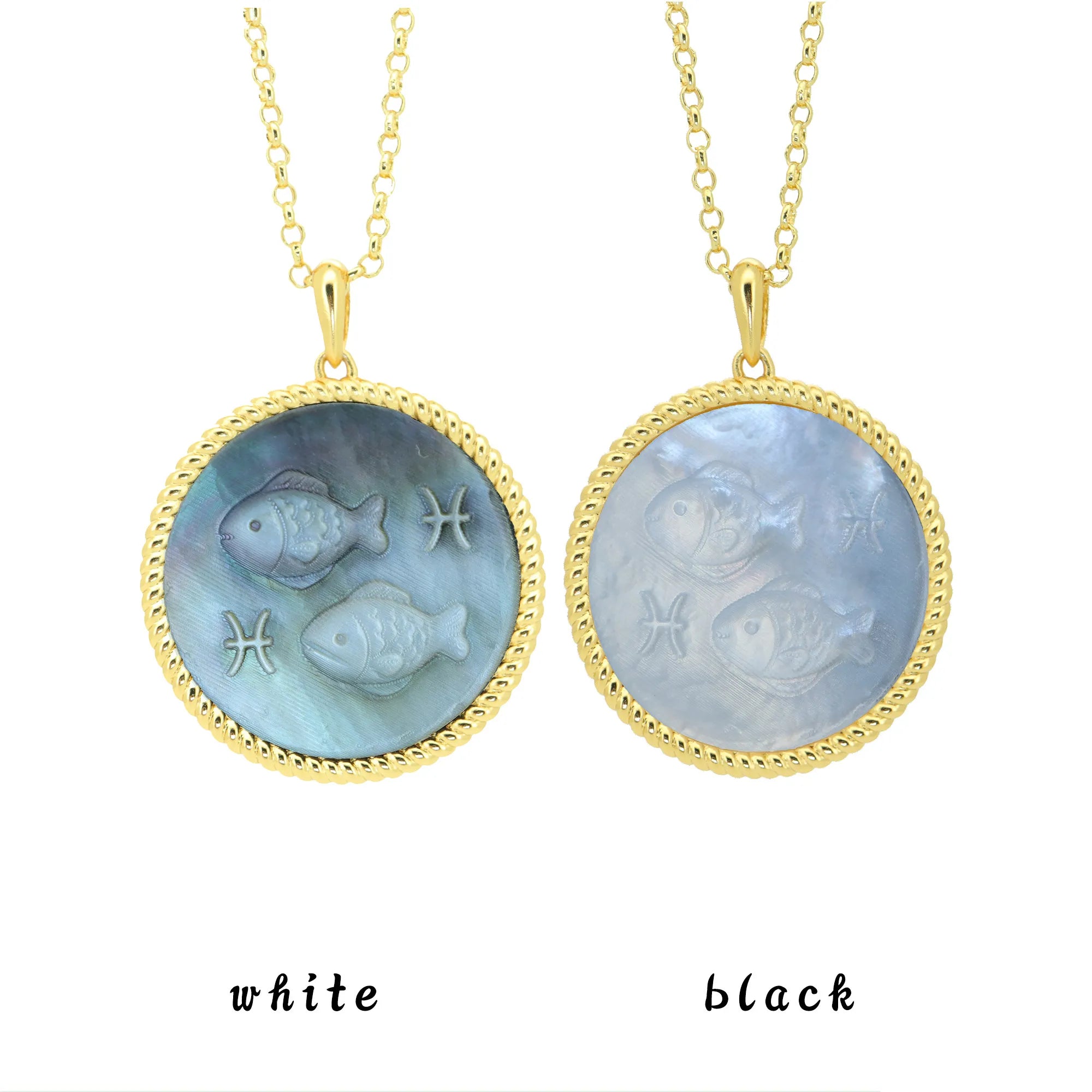Pisces zodiac necklace featuring dreamy mother-of-pearl shimmer and kawaii pixel-inspired pendant design by OceanCarvingLab.