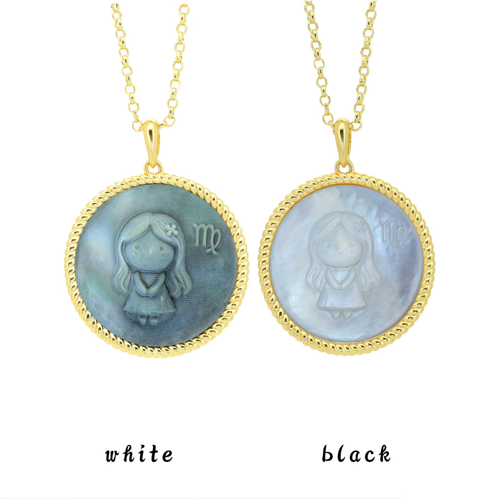 Virgo zodiac necklace with black and white shell inlay and playful pixel-style carved texture by OceanCarvingLab.