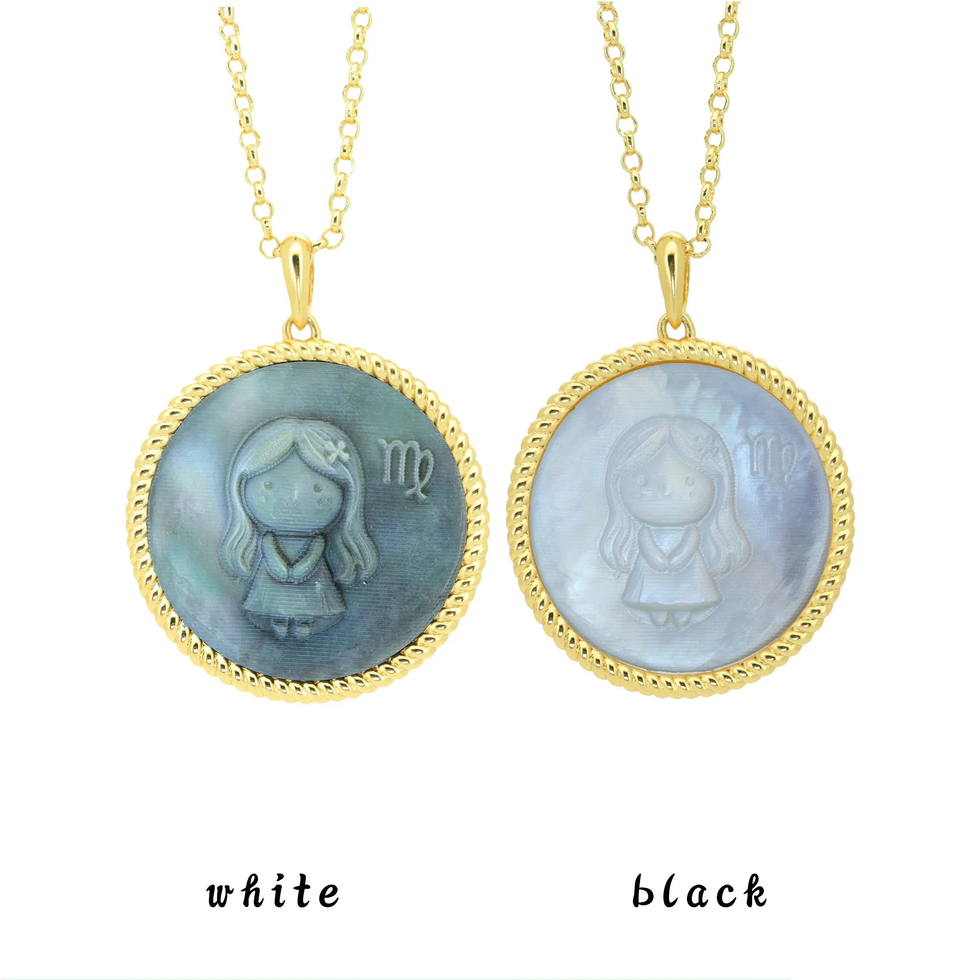Virgo zodiac necklace with black and white shell inlay and playful pixel-style carved texture by OceanCarvingLab.