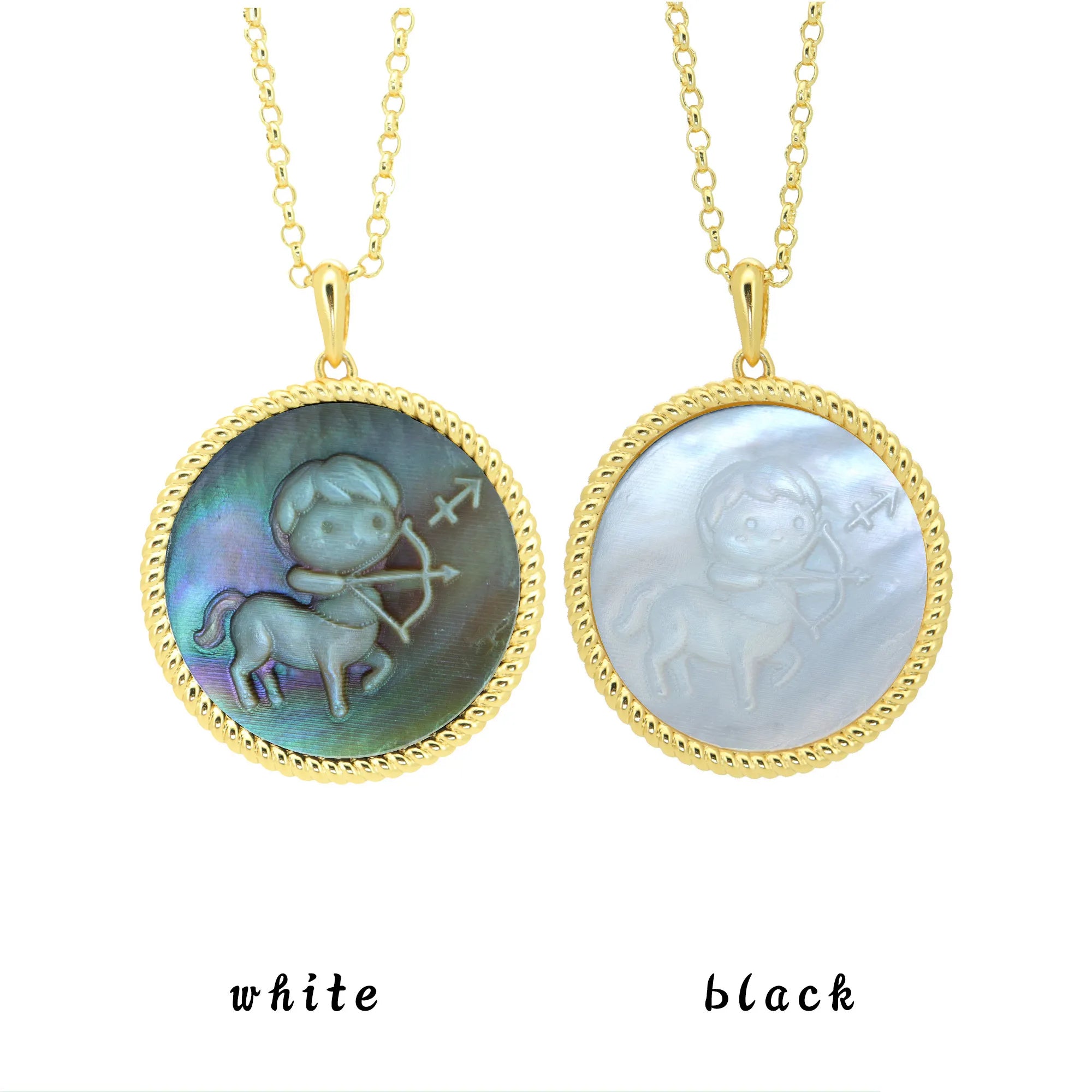 Sagittarius zodiac pendant with colorful shell reflection and playful kawaii-inspired carved texture by OceanCarvingLab.