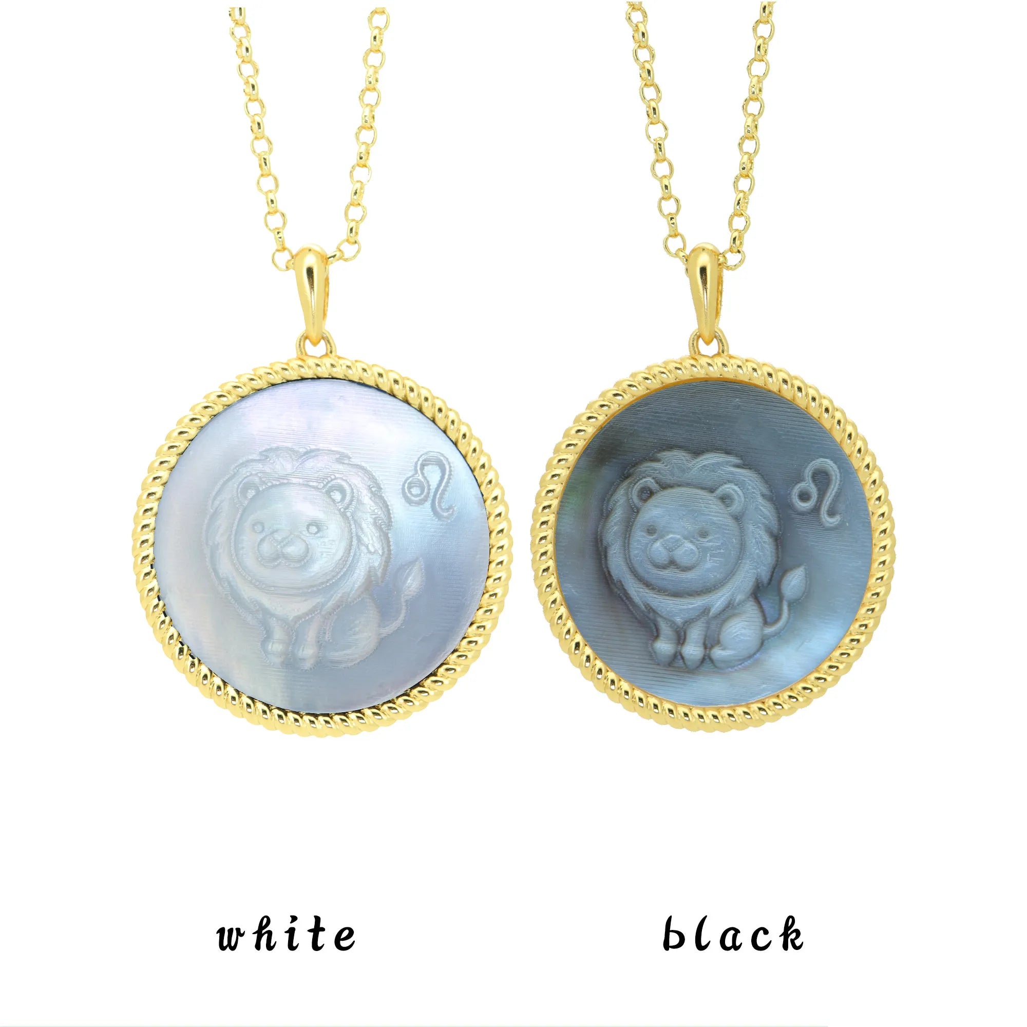 Leo zodiac pendant featuring kawaii pixel-inspired carving patterns with natural mother-of-pearl reflection by OceanCarvingLab.