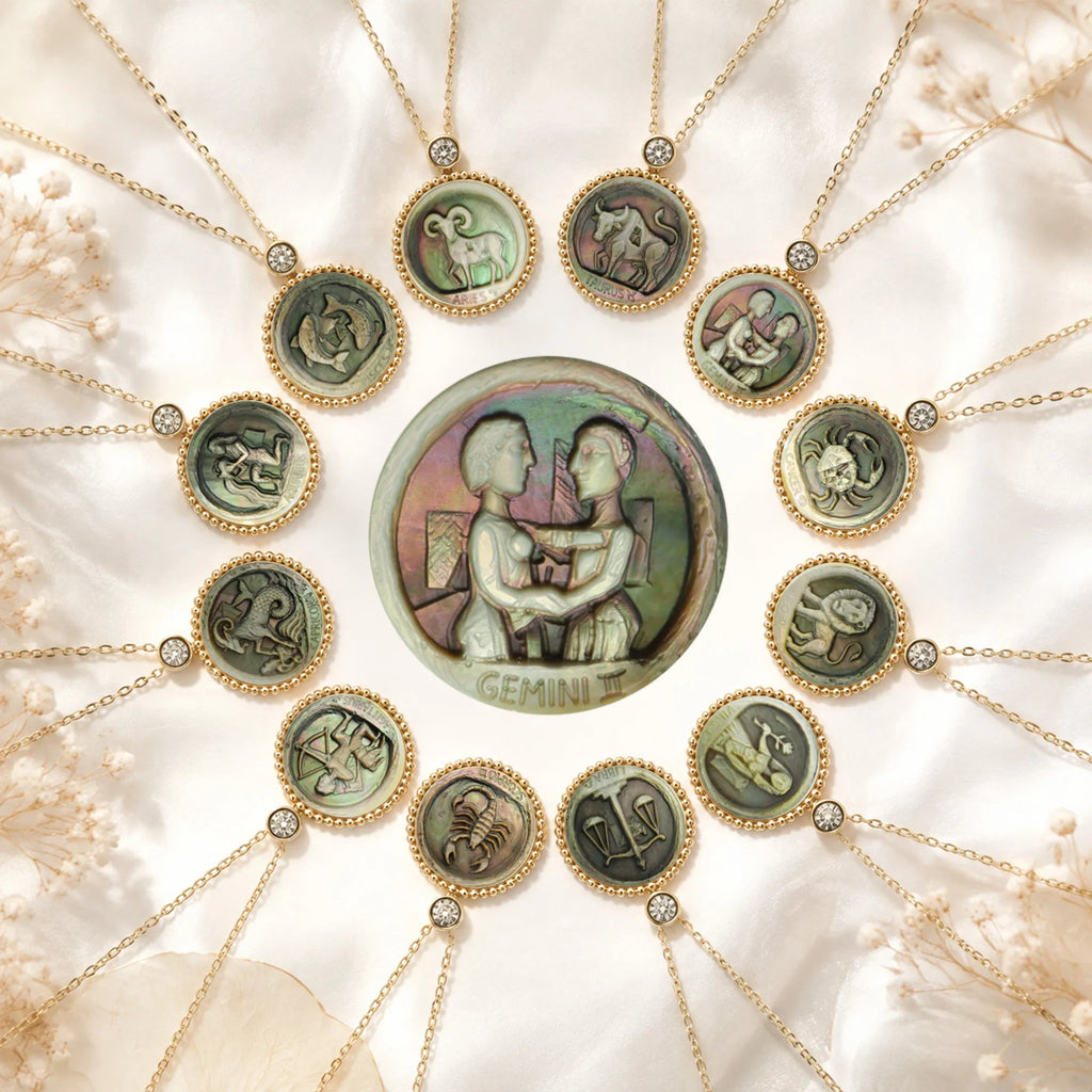 Capricorn Mother-of-Pearl Zodiac Necklace — Avant-Garde Abstract Style, Beaded-Edge Pendant