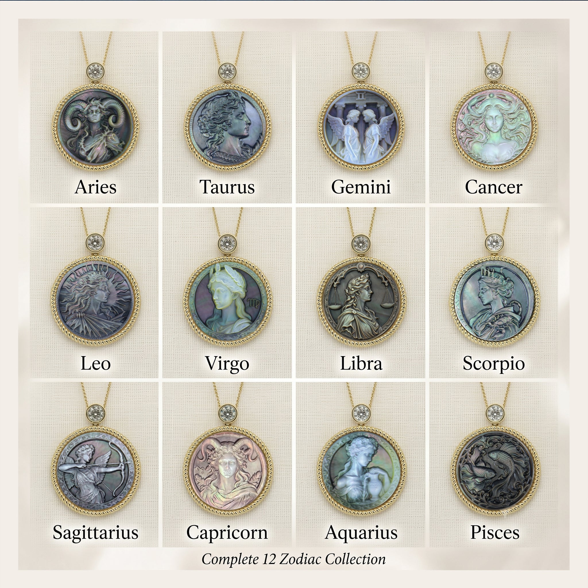 Classical Greek goddess style zodiac cameo collection featuring 12 carved mother-of-pearl constellation pendants on gold plated sterling silver necklaces by OceanCarvingLab