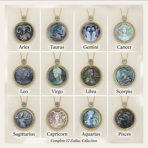Classical Greek goddess style zodiac cameo collection featuring 12 carved mother-of-pearl constellation pendants on gold plated sterling silver necklaces by OceanCarvingLab
