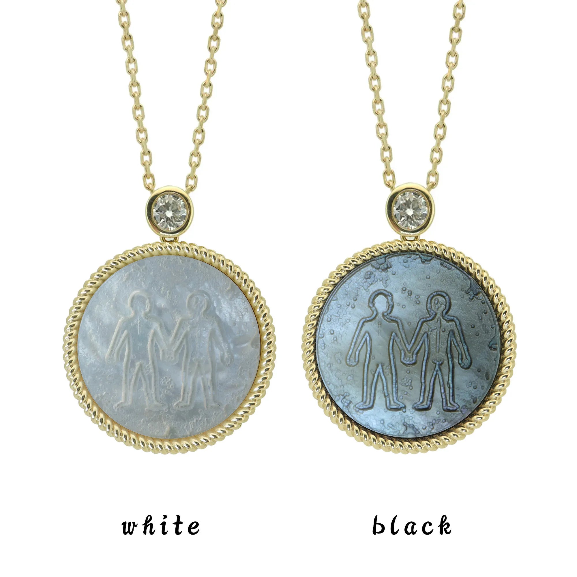 wo Gemini zodiac pendant necklaces with carved black and white mother-of-pearl inlay on white background by Celestial Creations.