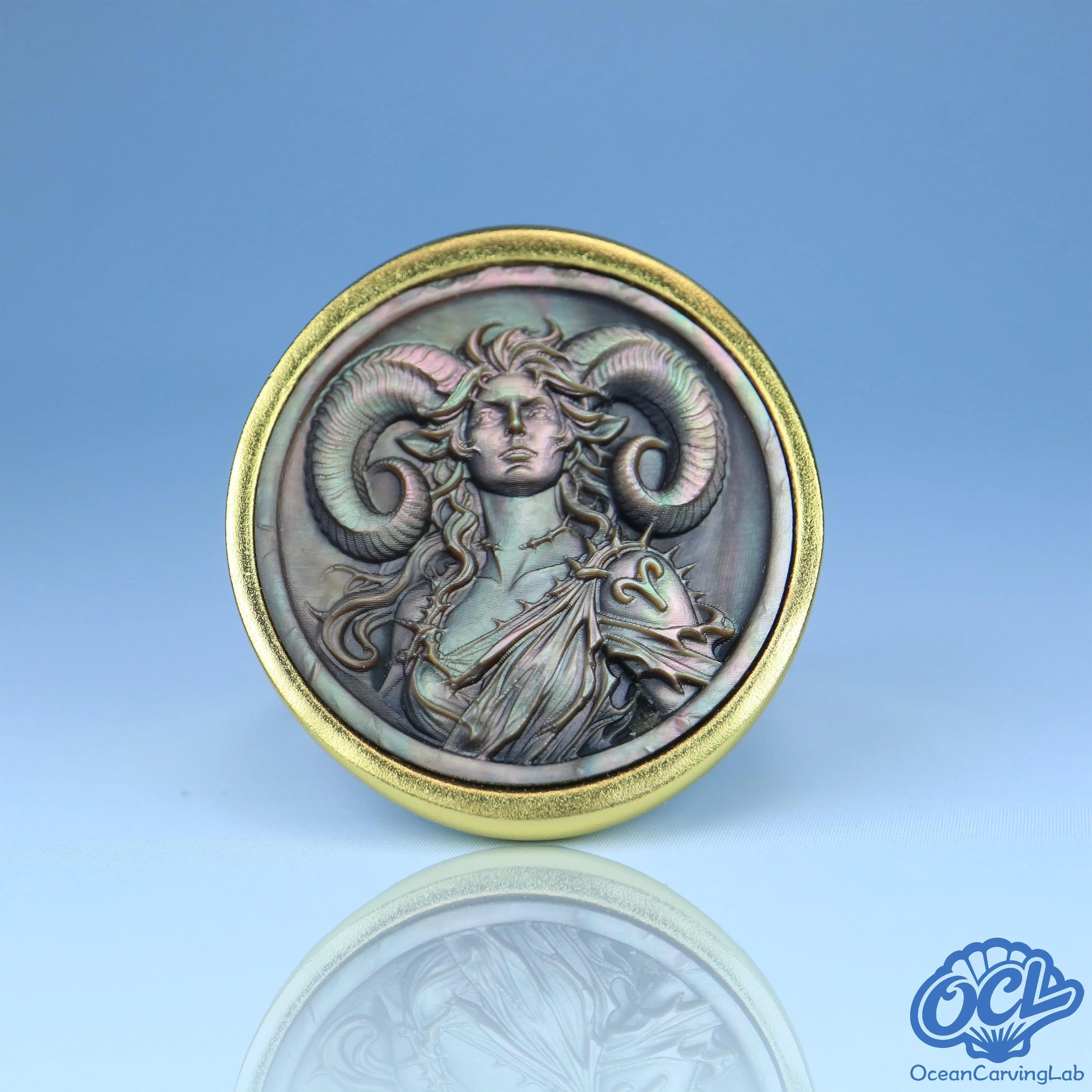 24k gold-plated brass Aries ring top view - natural black shell inlay hand-polished finish - OceanCarvingLab