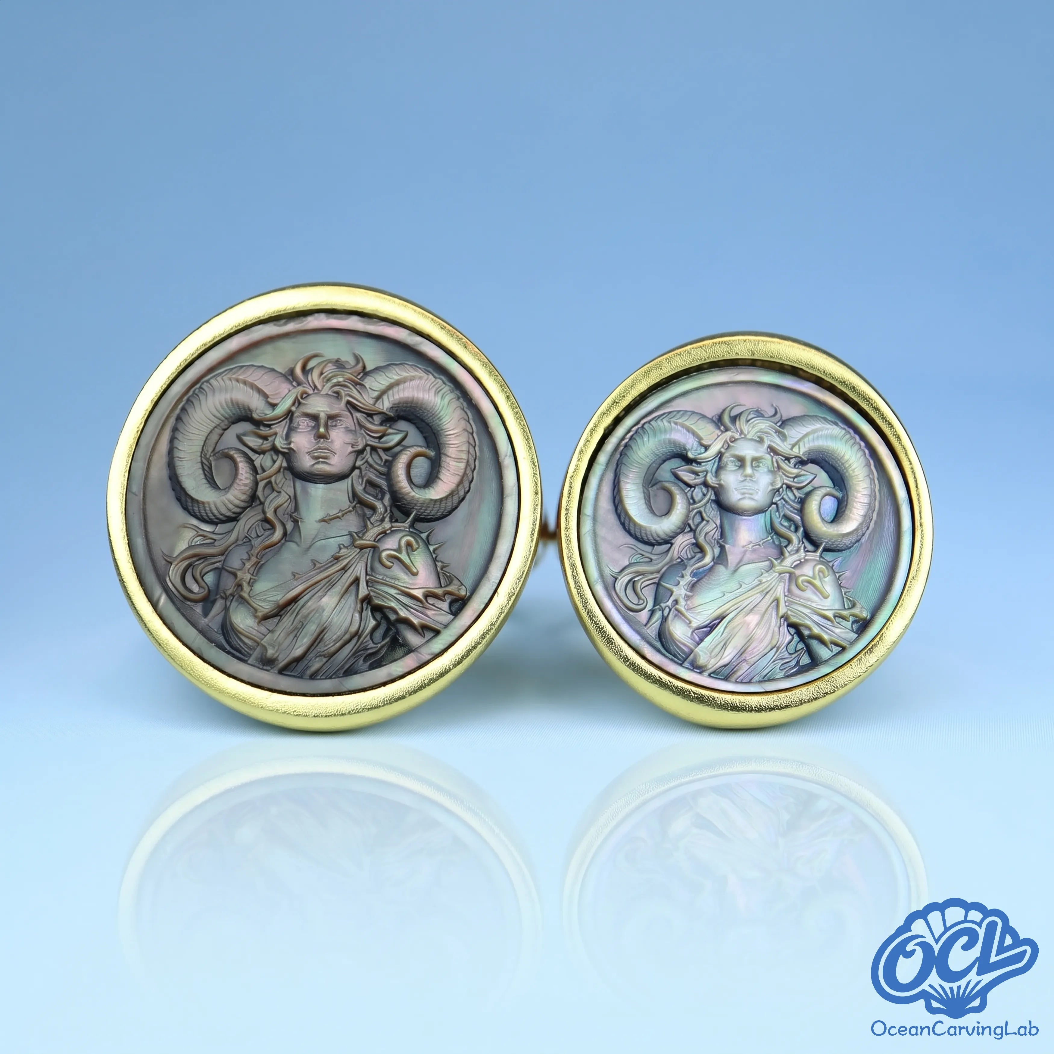 Black mother-of-pearl Aries signet ring flat lay - 20mm bold character engraving - OceanCarvingLab