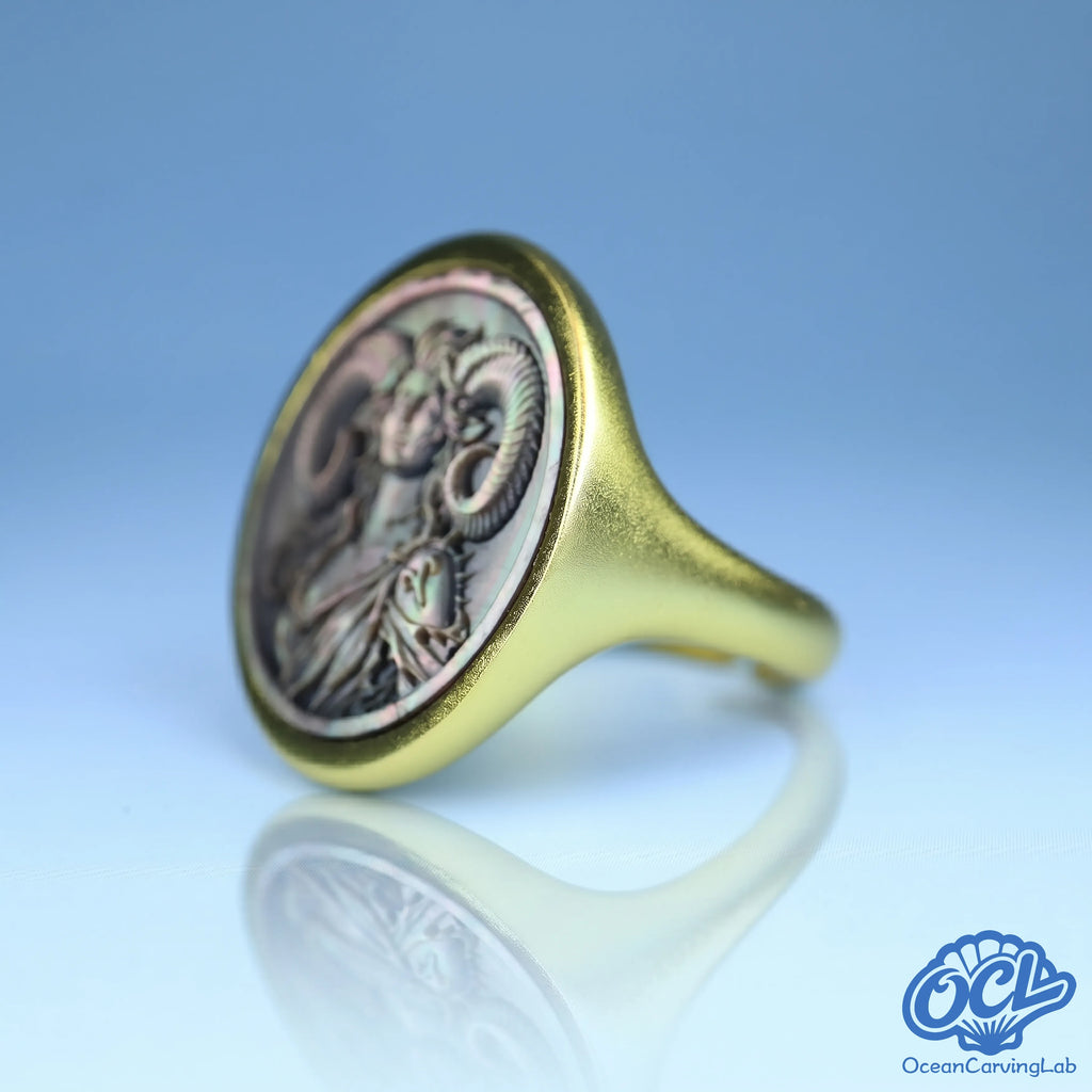 Aries zodiac signet ring - black mother-of-pearl stone detail 24k gold-plated brass band - OceanCarvingLab