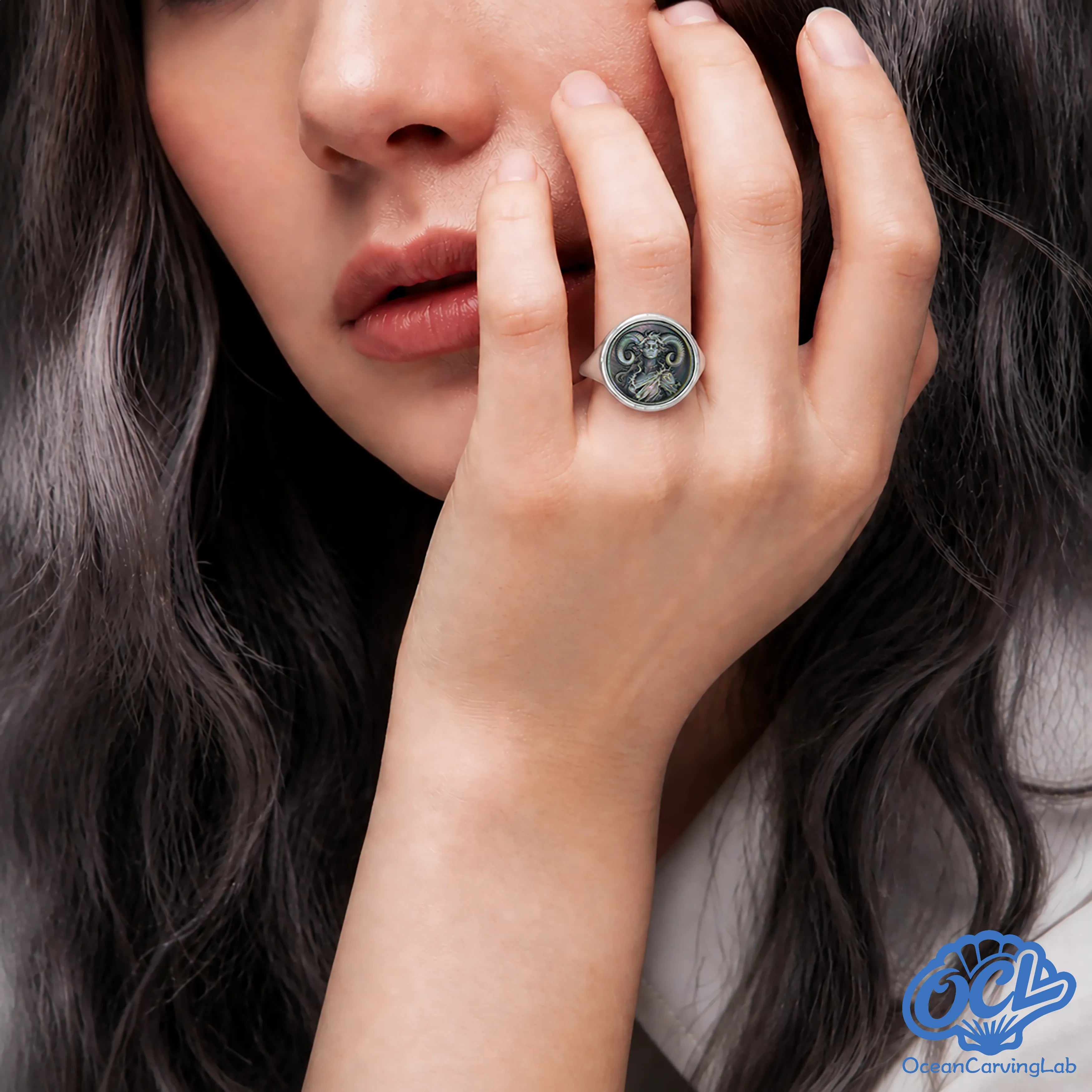 Side profile of 24k gold-plated Aries signet ring showing band thickness and polish - OceanCarvingLab