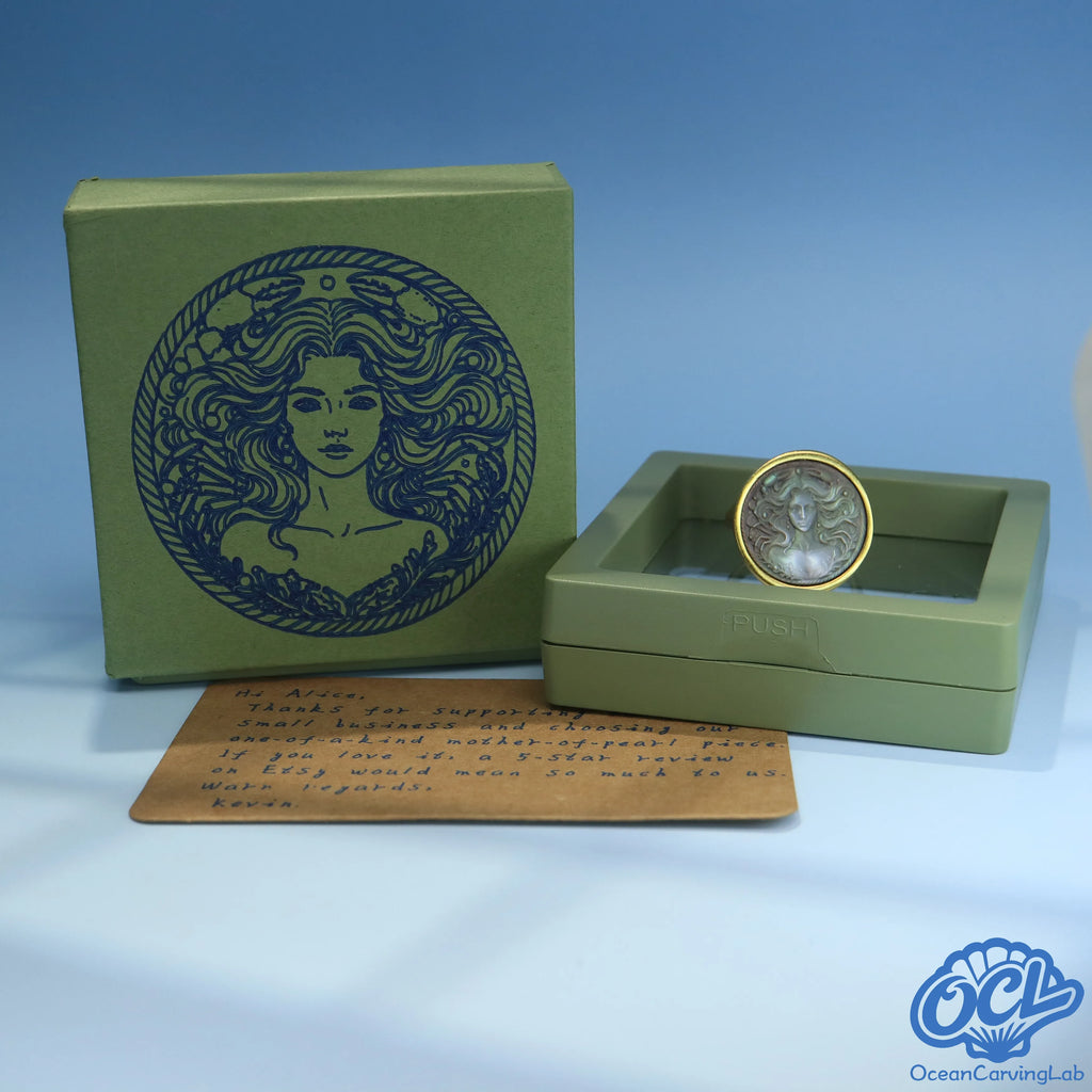 Custom silver Cancer ring with hand-written thank you note and artisan box art.