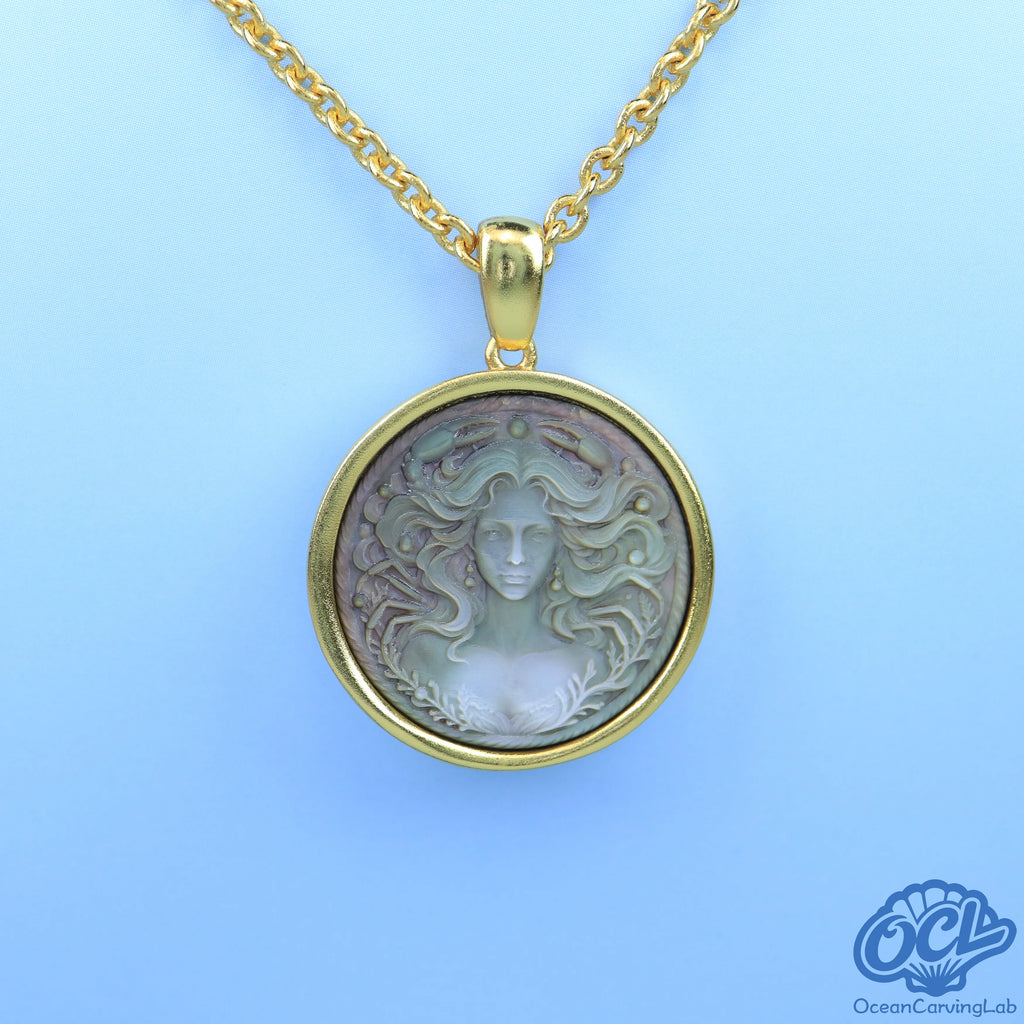 Cancer constellation necklace, silver plated brass with a 20mm black mother of pearl pendant.