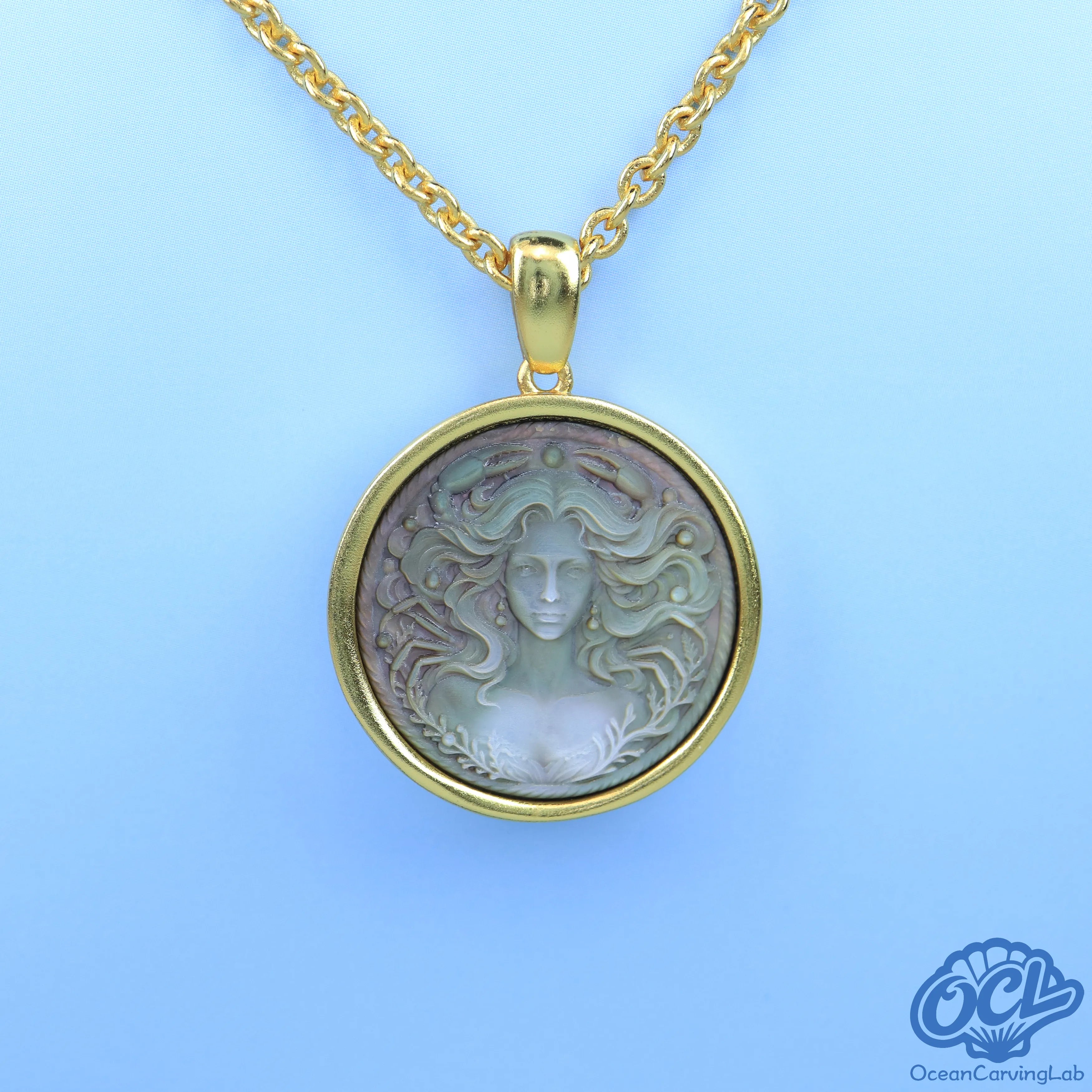Cancer constellation necklace, silver plated brass with a 20mm black mother of pearl pendant.