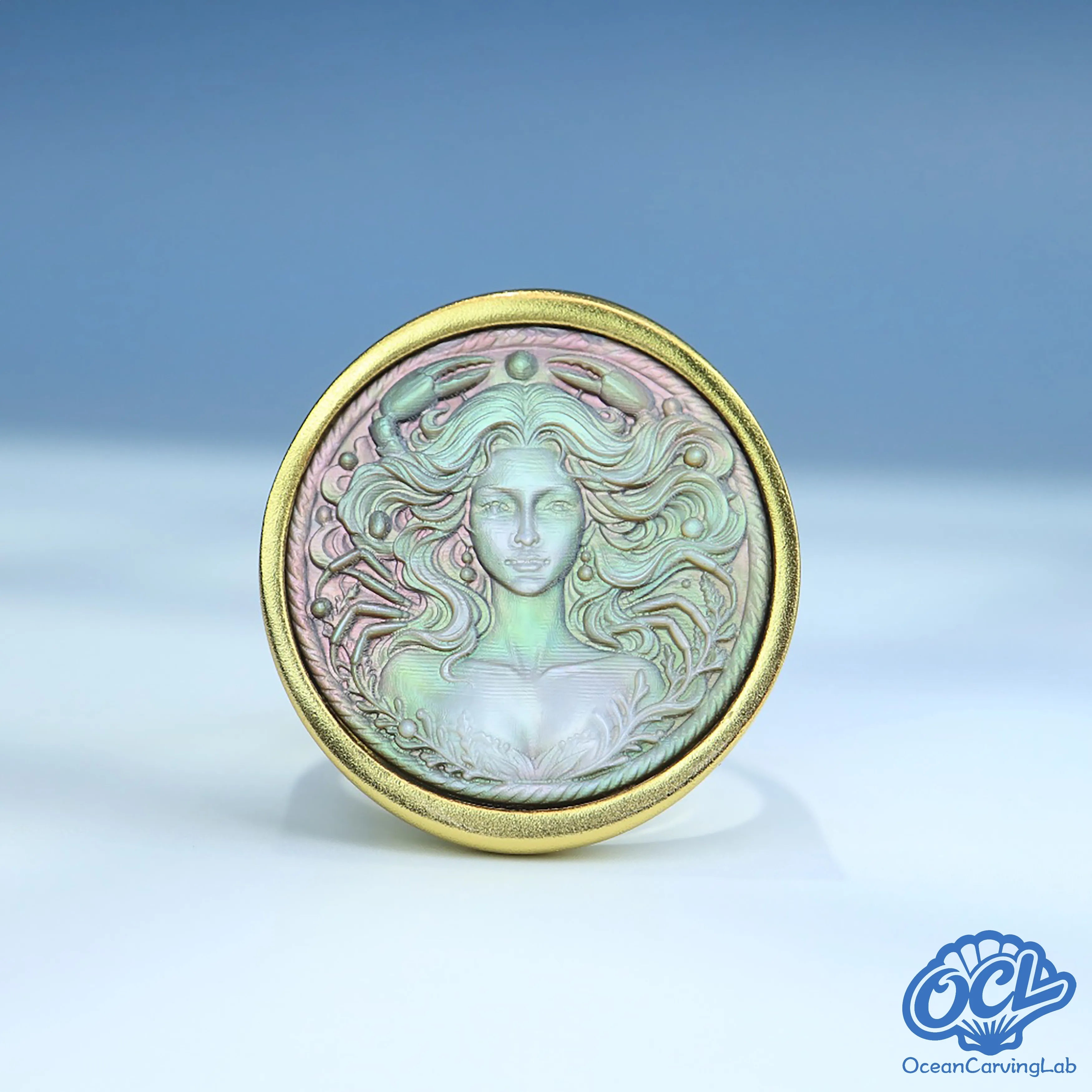 Cancer zodiac ring, silver plated brass with a 17mm white mother of pearl inlay.