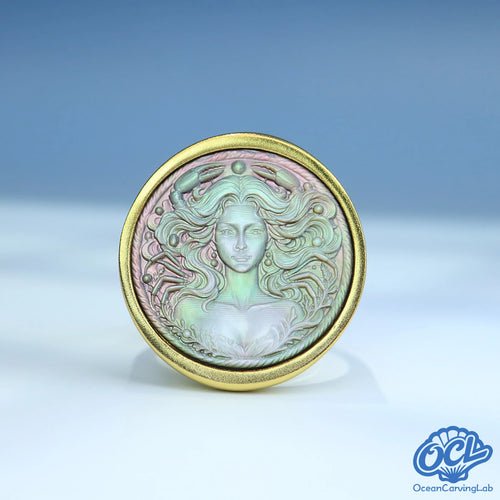 Cancer zodiac ring, silver plated brass with a 17mm white mother of pearl inlay.