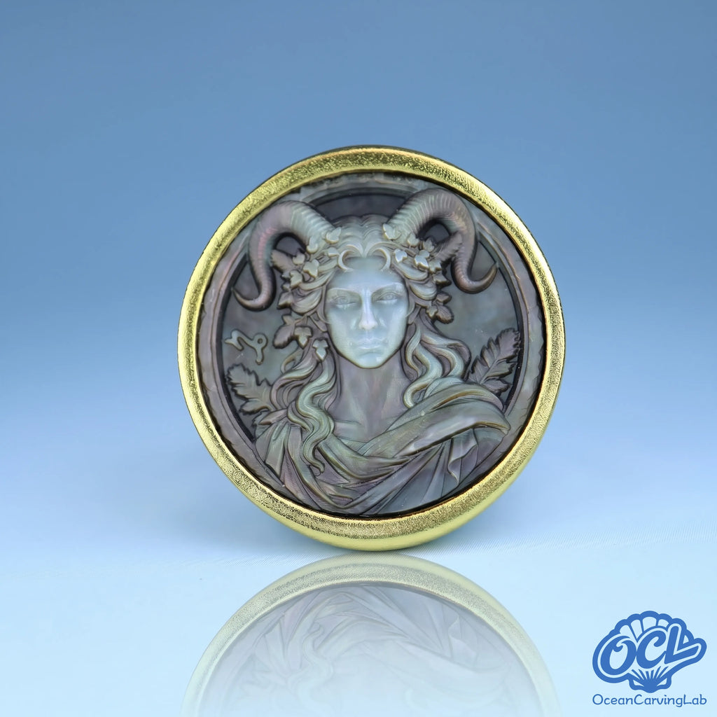 Capricorn sea-goat zodiac ring, 24k gold plated brass with a 17mm black mother of pearl disc.