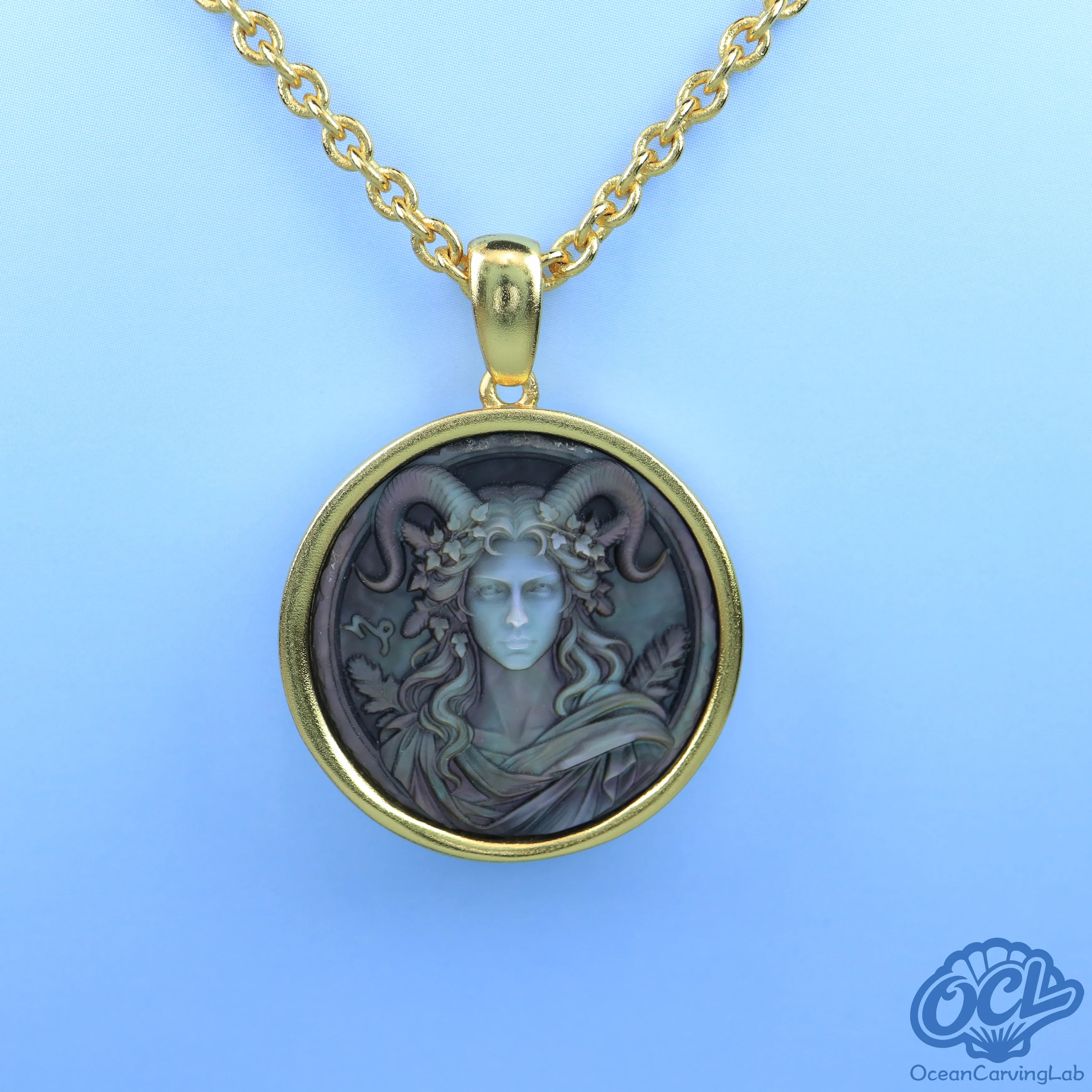 Capricorn constellation necklace, 24k gold plated brass with a 20mm white mother of pearl pendant.