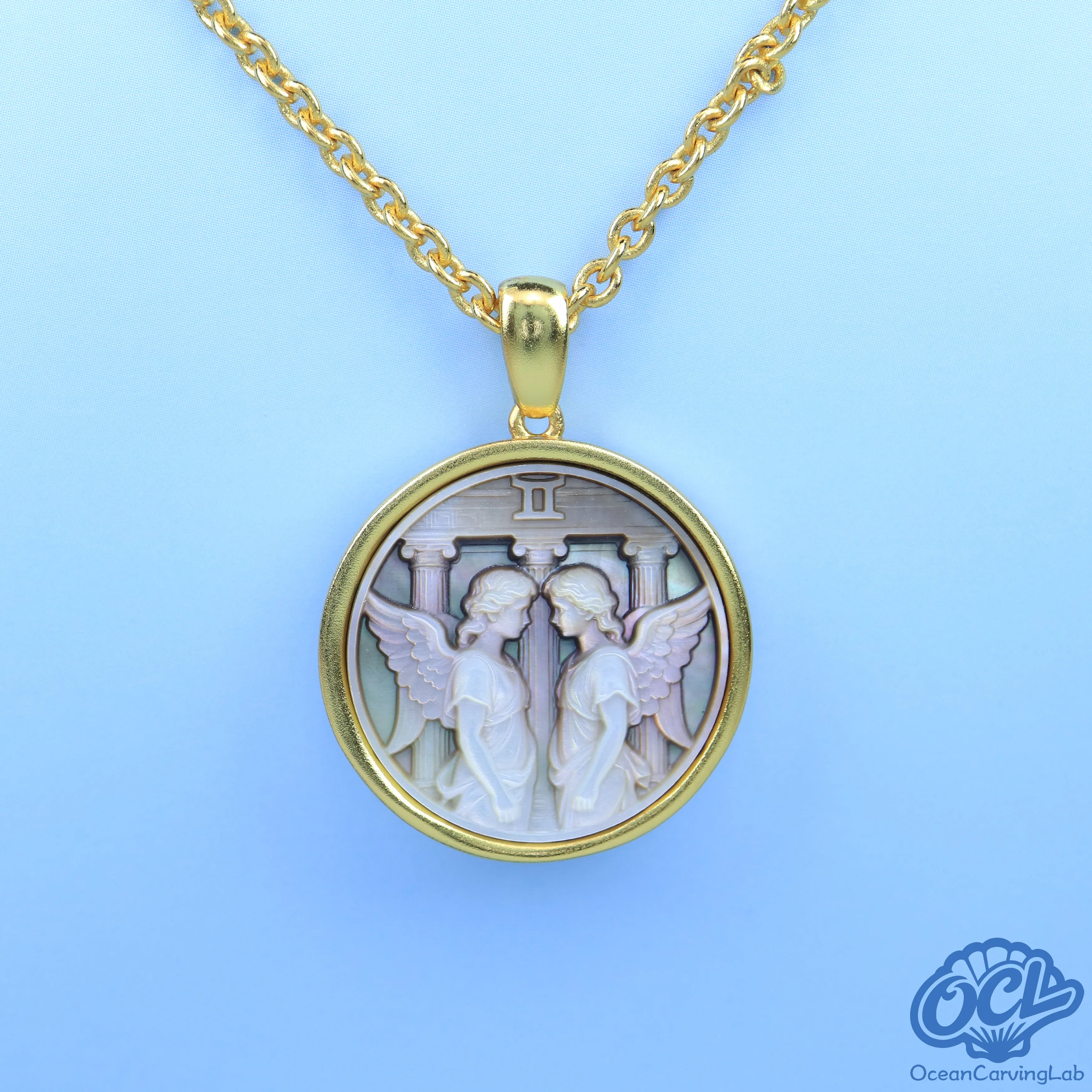 Gemini constellation necklace, 24k gold plated brass with a 20mm white mother of pearl disc.