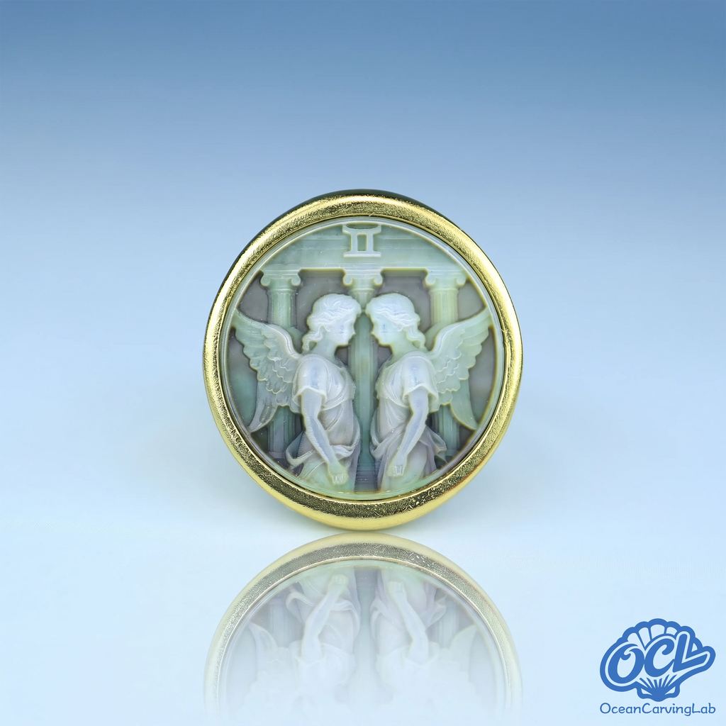 Gemini twins zodiac ring, 24k gold plated brass with a 17mm black mother of pearl disc.