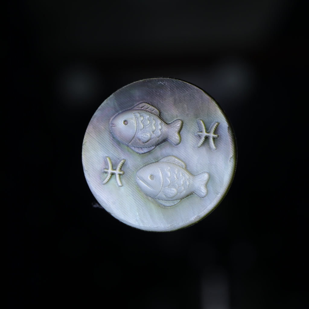 Pisces kawaii pixel-carved zodiac cameo in natural Midnight Black Mother of Pearl