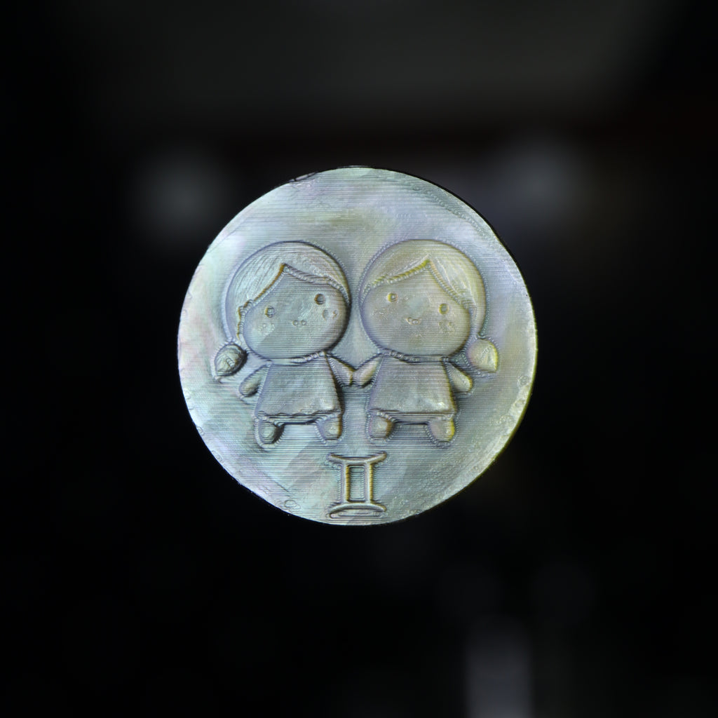 Gemini kawaii pixel-carved zodiac cameo in natural Midnight Black Mother of Pearl