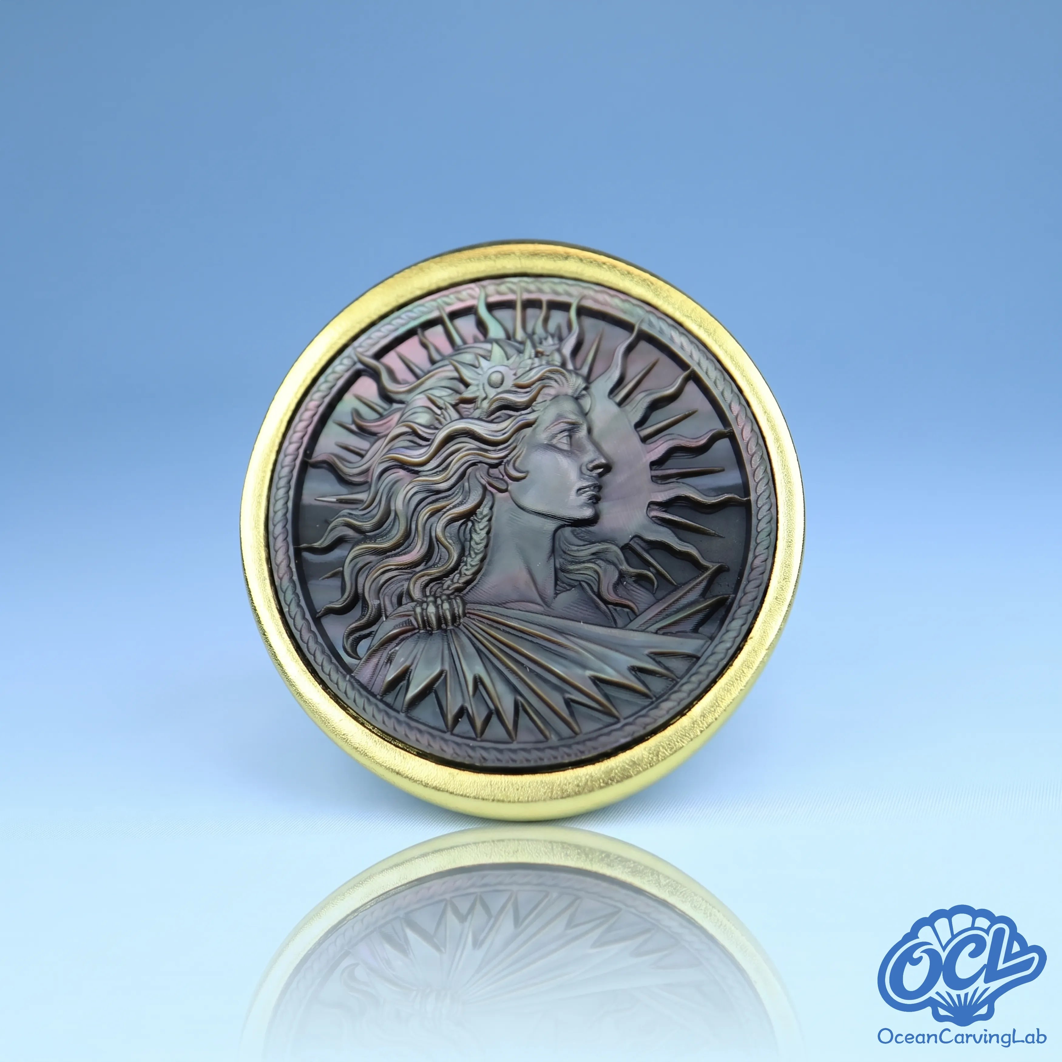 Leo lion zodiac ring, 24k gold plated brass with a 17mm black mother of pearl disc.