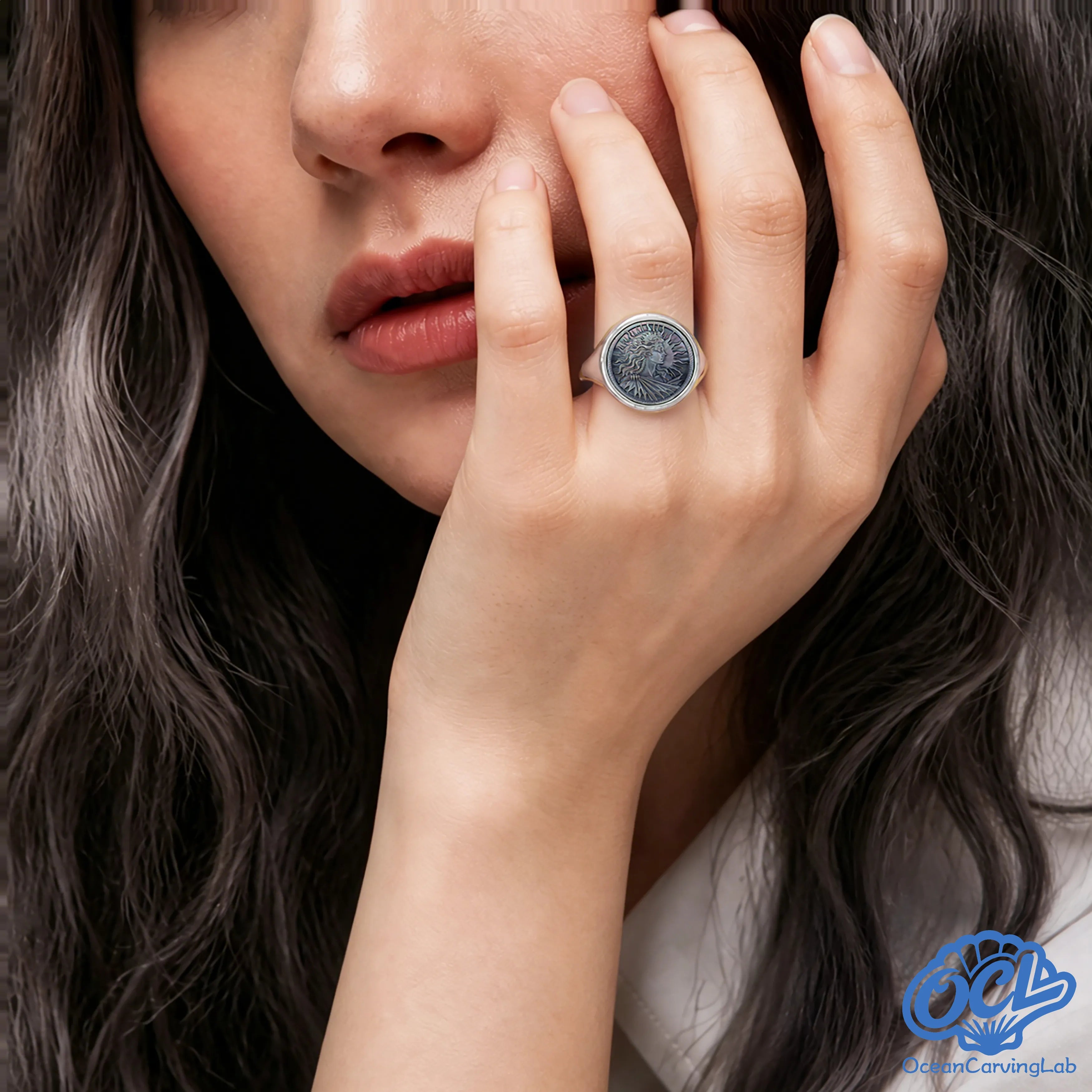 Leo zodiac ring worn as a luxury accessory, highlighting the 17mm scale on a finger.