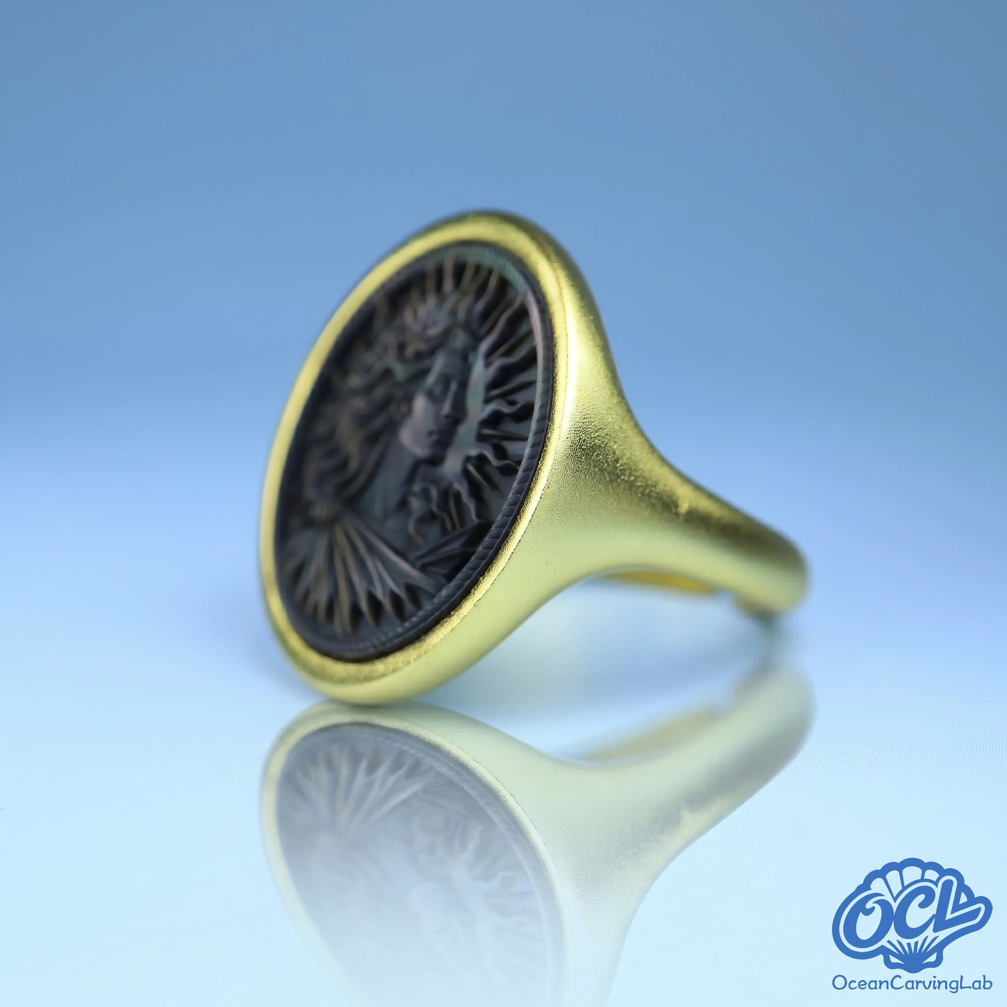 Bold Leo lion figure engraved on iridescent black shell, reflecting royal gold luster.