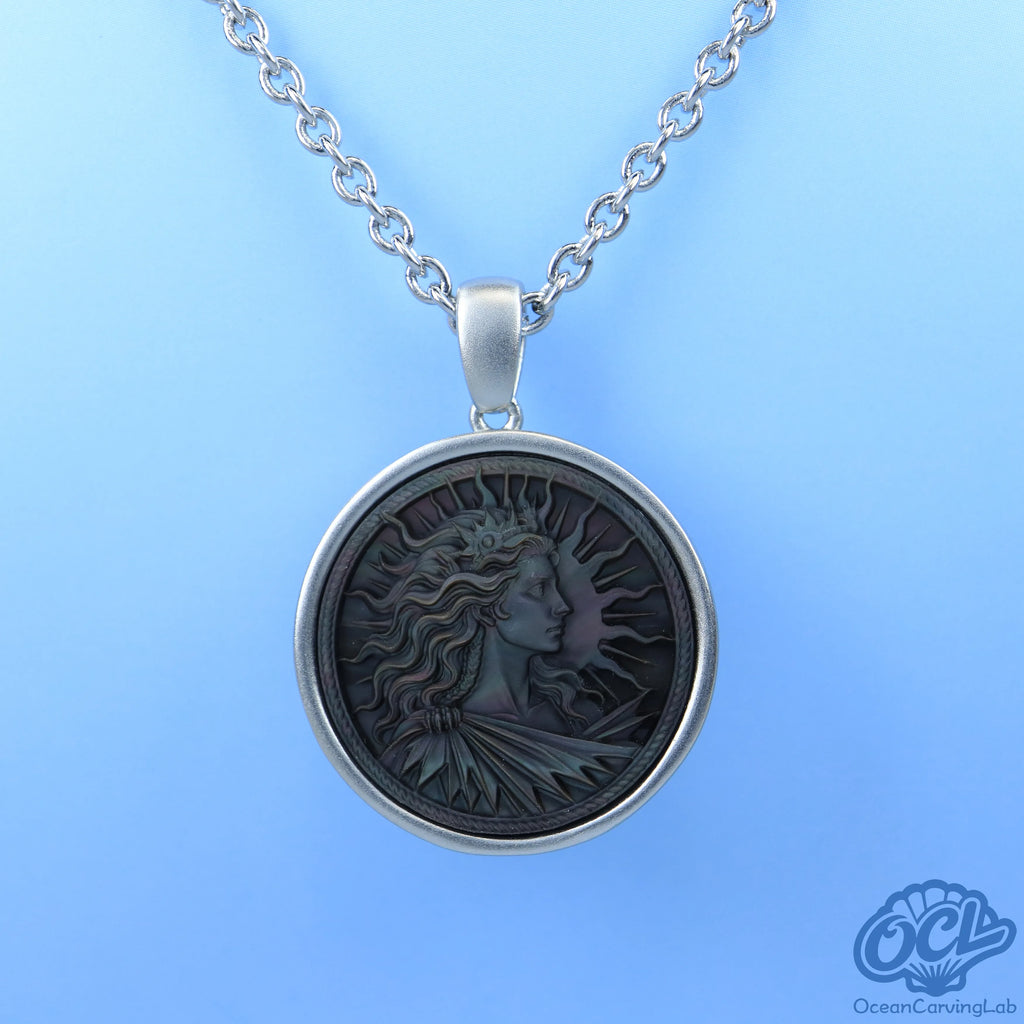 Detailed Leo lion engraving on iridescent white mother of pearl using advanced CNC technology.