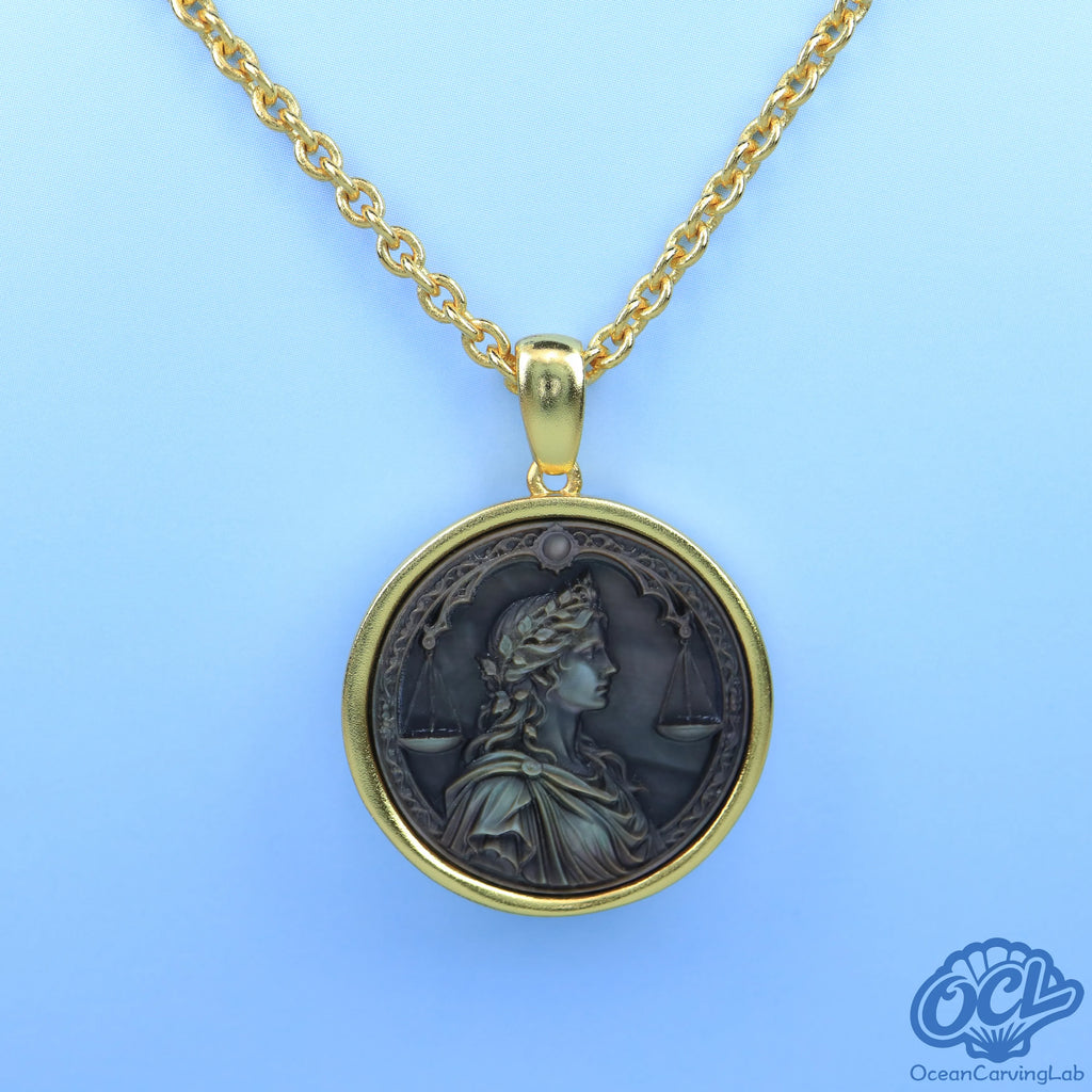 Libra constellation necklace, 24k gold plated brass with a 20mm black mother of pearl pendant.