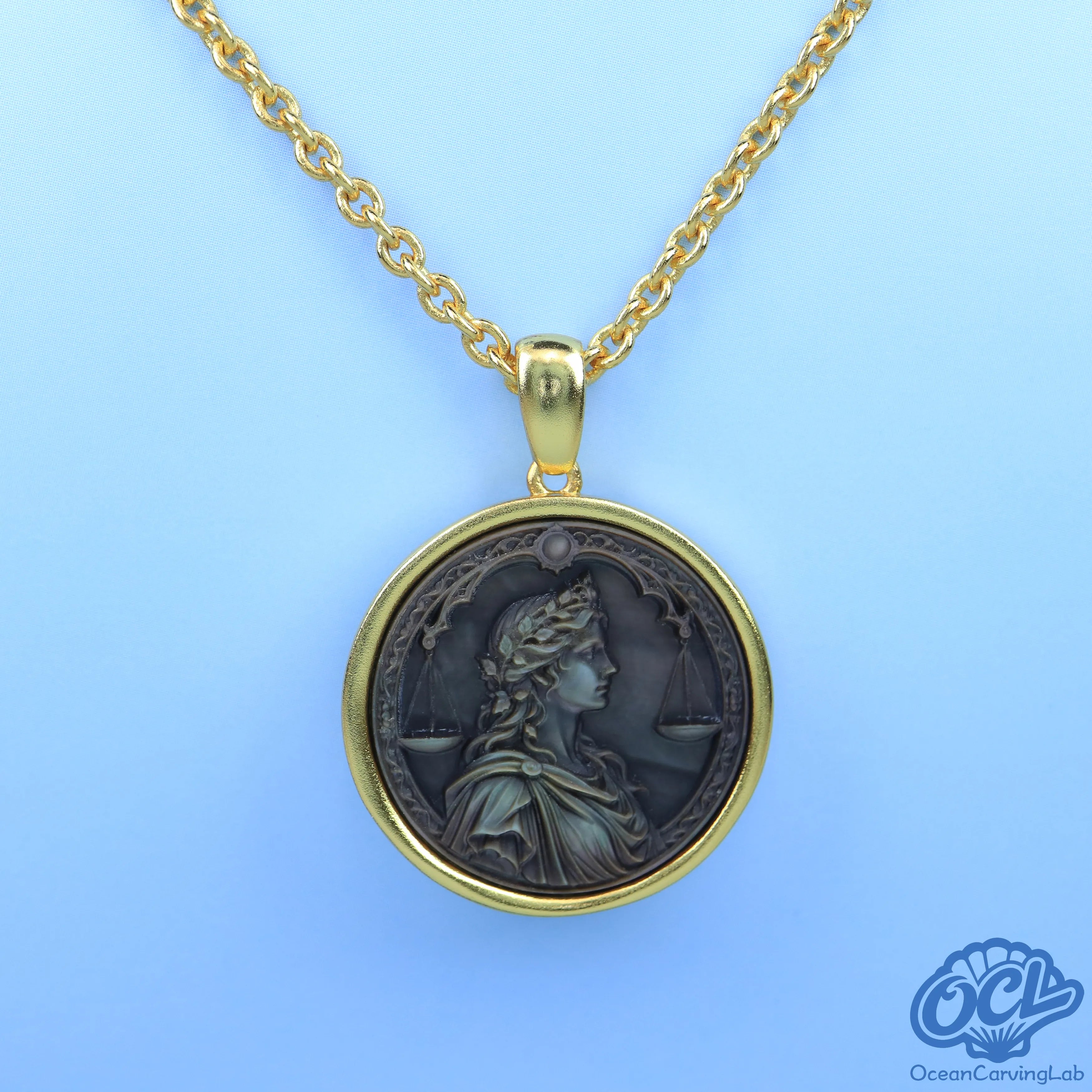 Libra constellation necklace, 24k gold plated brass with a 20mm black mother of pearl pendant.
